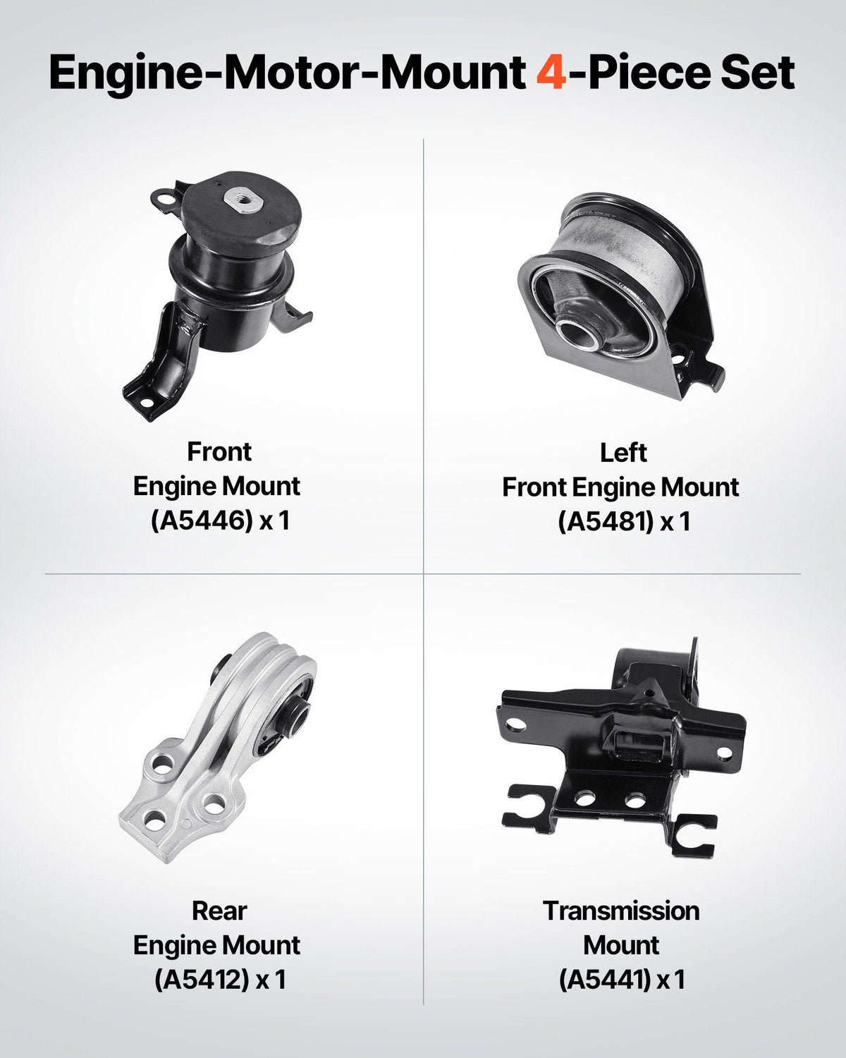 Engine Motor Mount and Transmission Mount Kit Replacement, Set of 4, Compatible with 2009–2012 Ford Escape 2.5L L4, Replace OE# A5446, A5481, A5412, A5441, Secure Support