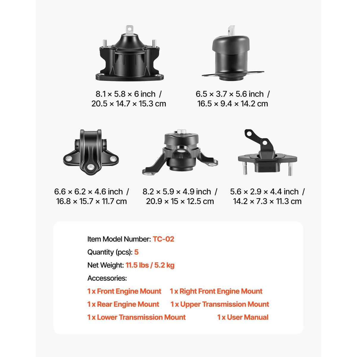 Engine Motor Mount and Transmission Mount Kit Replacement, Set of 5, Compatible with 2008-2012 Honda Accord 2.4L L4 and 2009-2013 Acura TSX 2.4L, Replace OE# A4565 A4572 A4570 A4584 A4561