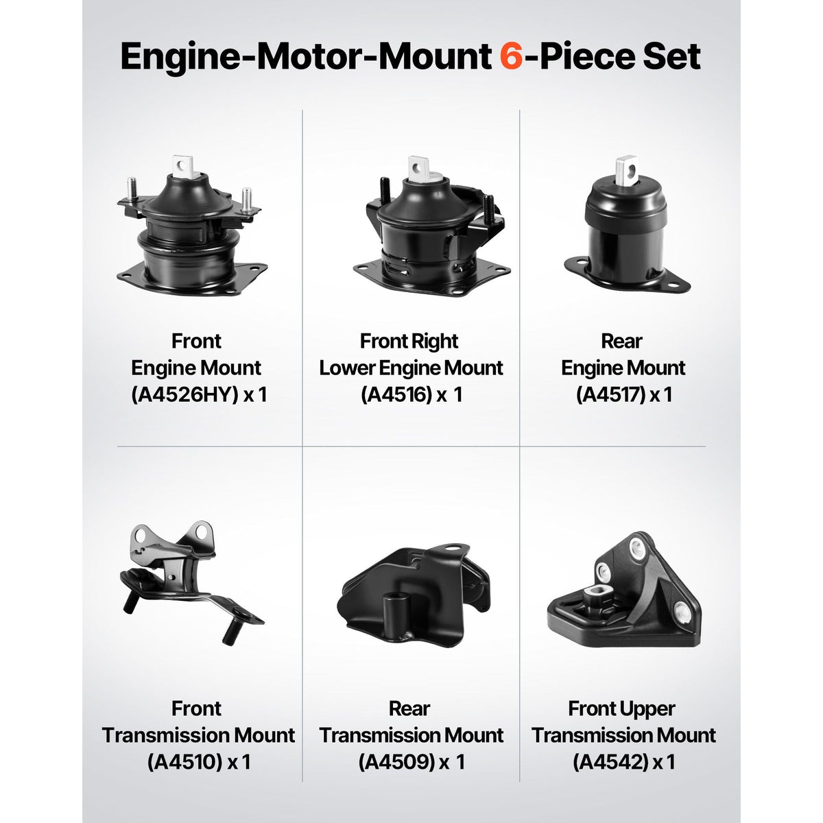Engine Motor Mount and Transmission Mount Kit Replacement, Set of 6, Compatible with 2003–2007 Honda Accord 2.4L L4, Replace OE# A4526HY, A4517, A4516, A4510, A4509, A4542, Secure Support