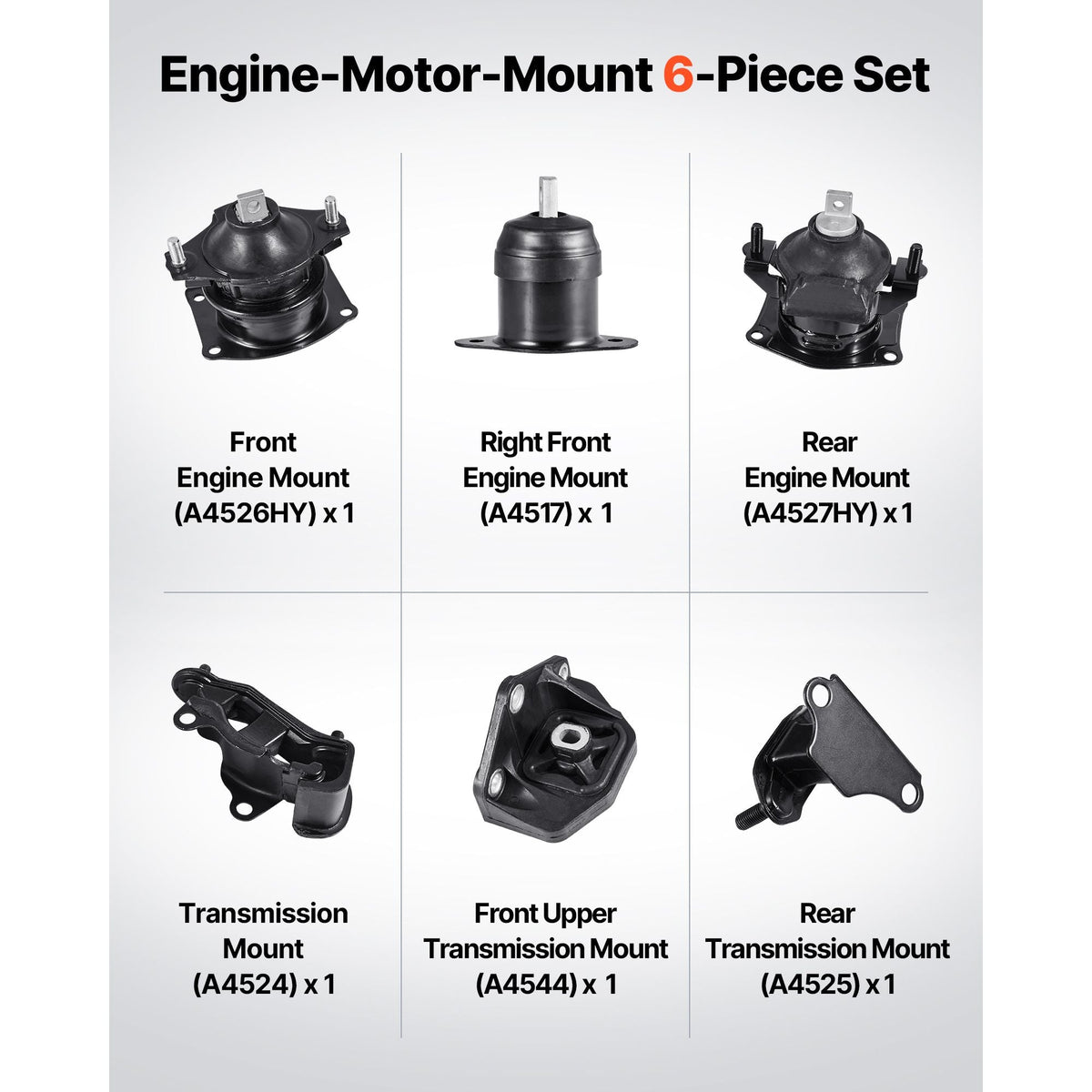 Engine Motor Mount and Transmission Mount Kit Replacement, Set of 6, Compatible with 2003–2007 Honda Accord 3.0L V6, Replace OE# A4526HY, A4517, A4527HY, A4524, A4544, A4525, Secure Support