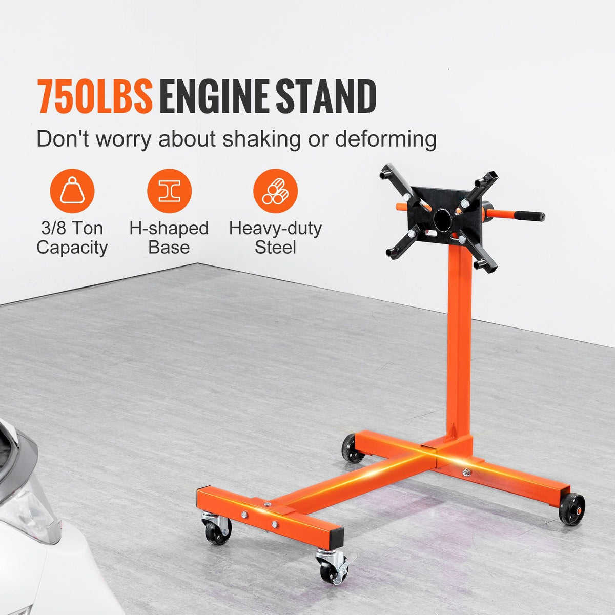 Engine Stand, 750 lbs (3/8 Ton) Rotating Engine Motor Stand with 360 Degree Adjustable Head, Cast Iron Motor Hoist Dolly, 4-Caster, 4 Adjustable Arms, for Vehicle Maintenance, Auto Repair