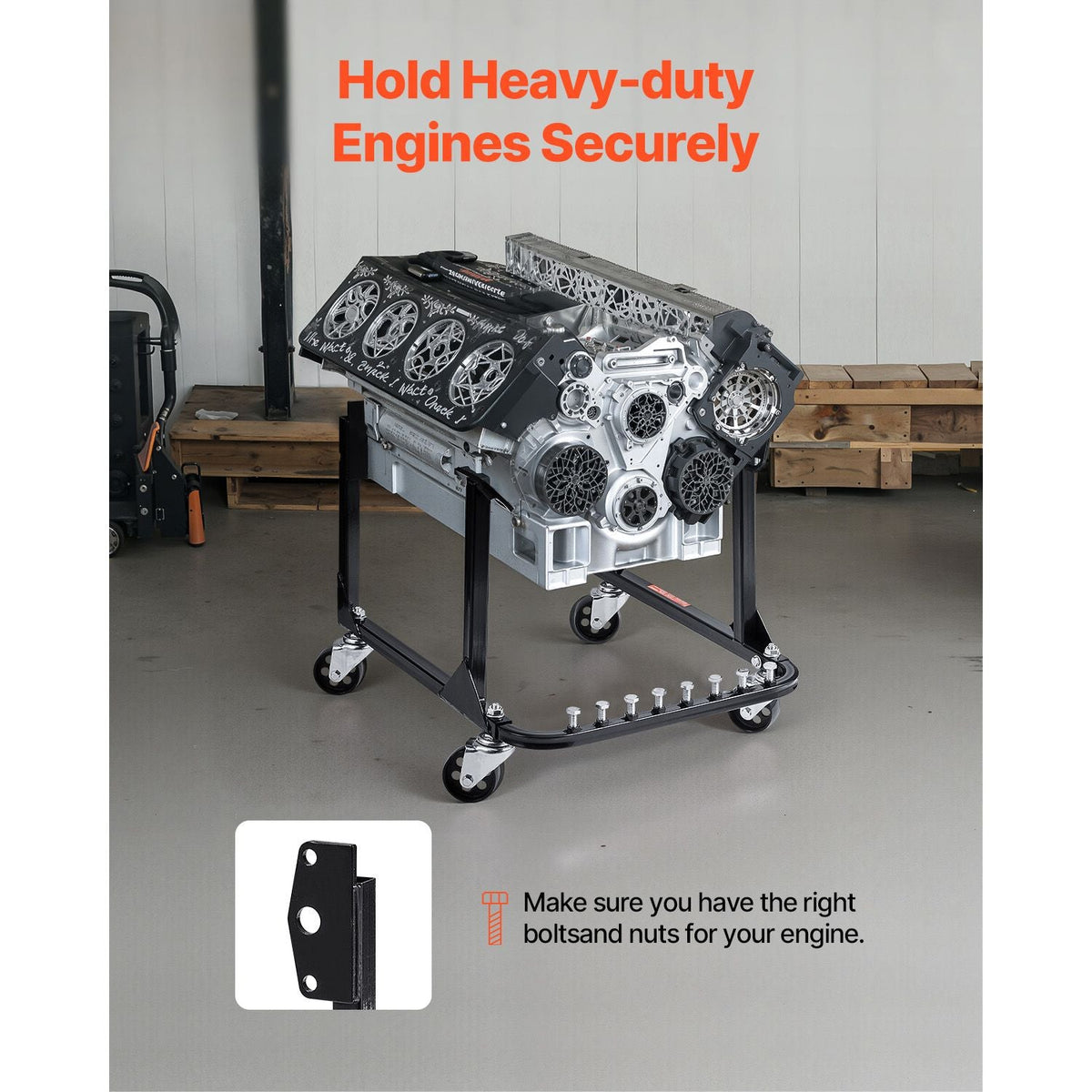 Engine Stand, 750 LBS Load Capacity Engine Motor Stand, Heavy-Duty Steel Motor Holder with 4 Swivel Casters and 4 Hook Positions, Suitable for BB-CHEVY and GEN-1 SB-CHEVY Engines