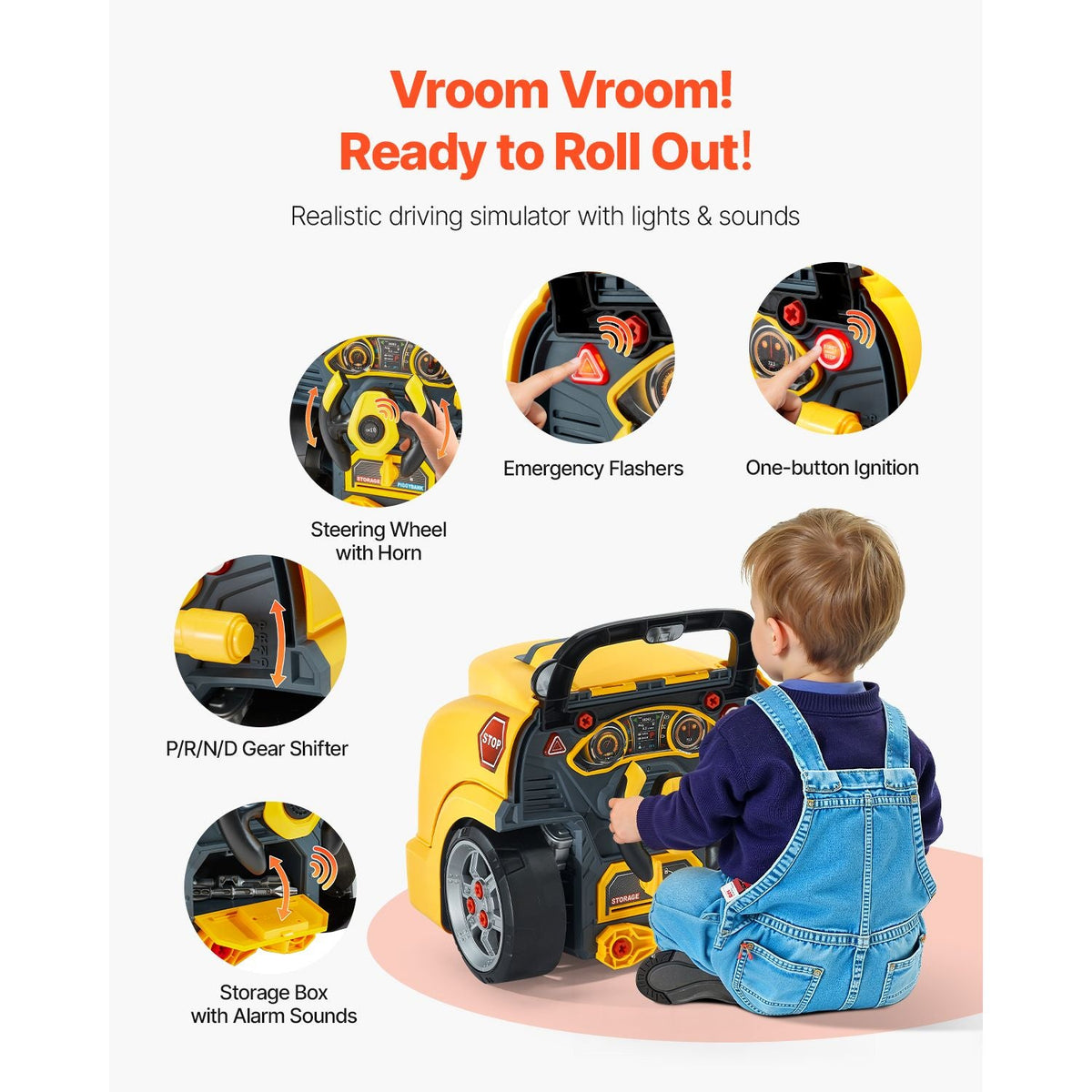 Engine Toy, 60 Pieces, Kids Mechanic Car Repair Set with Removable Parts, Lights and Sounds, Steering Wheel and Horn, Kids Mechanic Workshop Set for Toddler Ages 3 Years and Up, Yellow