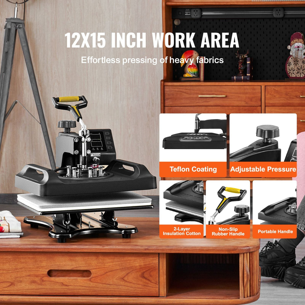 Enhanced Heat Press Device, ETL Safety Certified, 12x15 inch, 8-in-1 Energy Efficient Combo, Versatile Sublimation with 360° Swivel