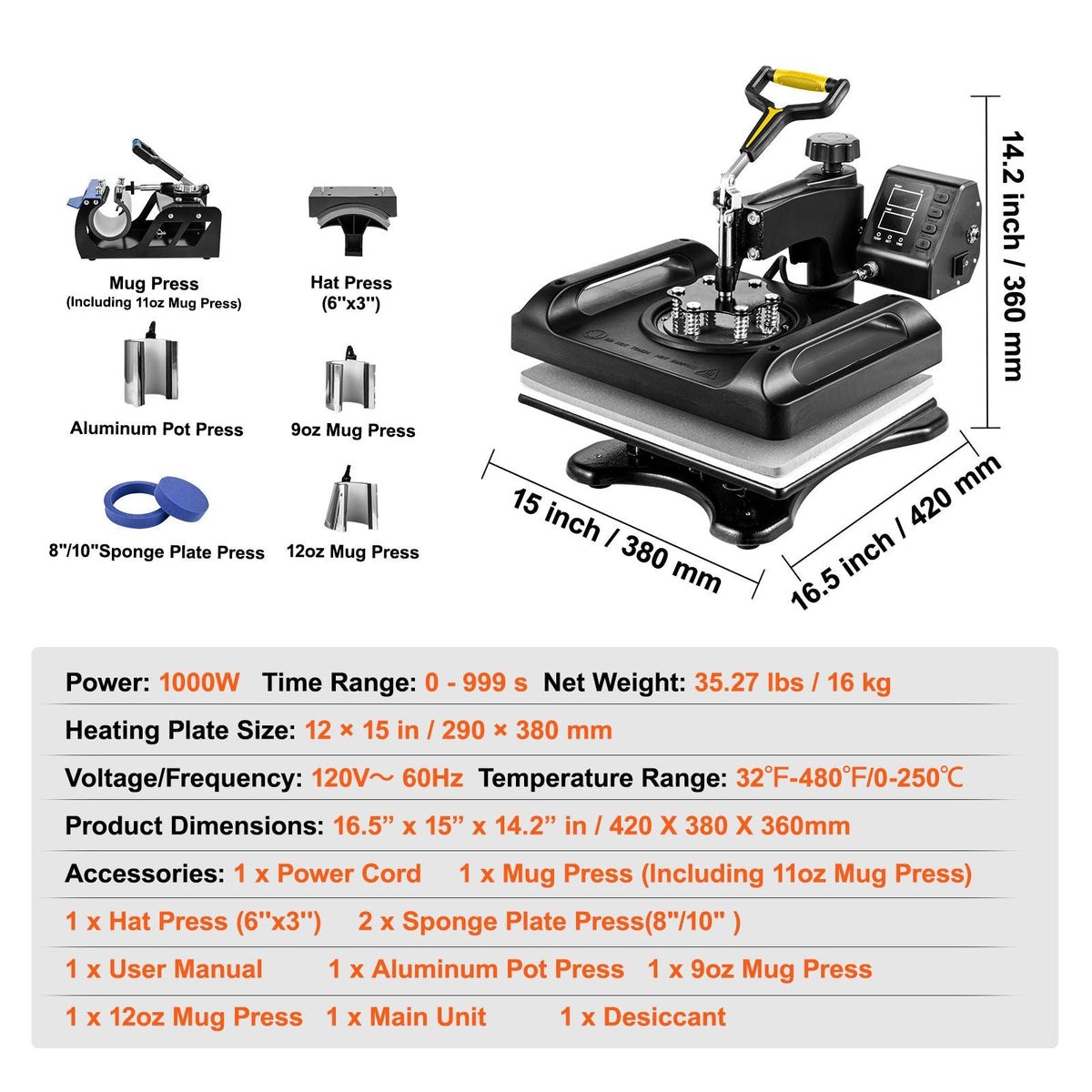 Enhanced Heat Press Device, ETL Safety Certified, 12x15 inch, 8-in-1 Energy Efficient Combo, Versatile Sublimation with 360° Swivel