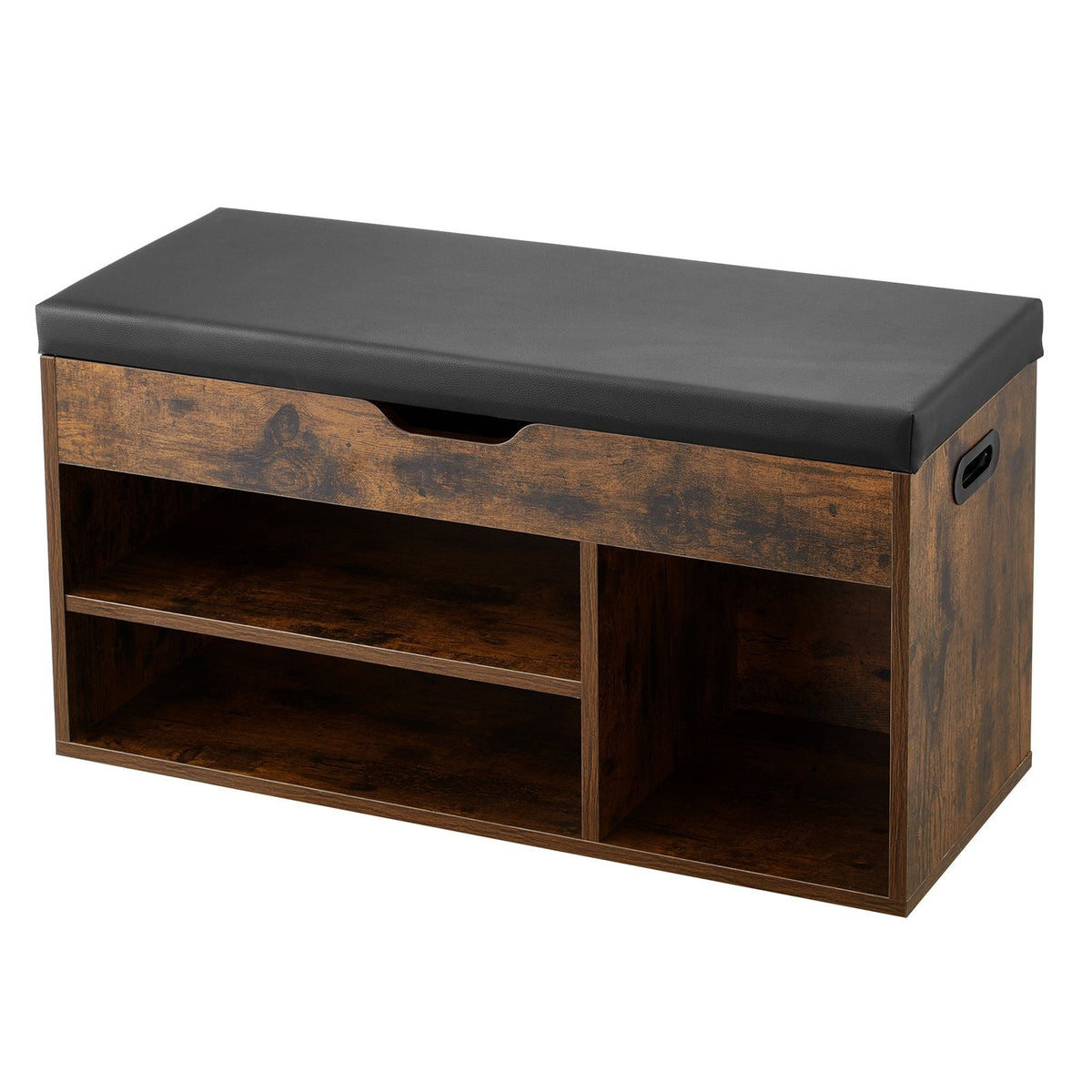 Entryway Shoe Bench, 31.7 x 12.0 x 17.5 Inch Shoe Storage Organizer with Lift Top Storage Space, 300lbs Bench with Cushion Seat and 3 Cabinets for Hallway, Living Room, Bedroom, Brown + Black