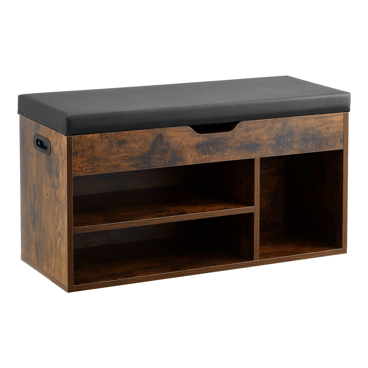 Entryway Shoe Bench, 31.7 x 12.0 x 17.5 Inch Shoe Storage Organizer with Lift Top Storage Space, 300lbs Bench with Cushion Seat and 3 Cabinets for Hallway, Living Room, Bedroom, Brown + Black