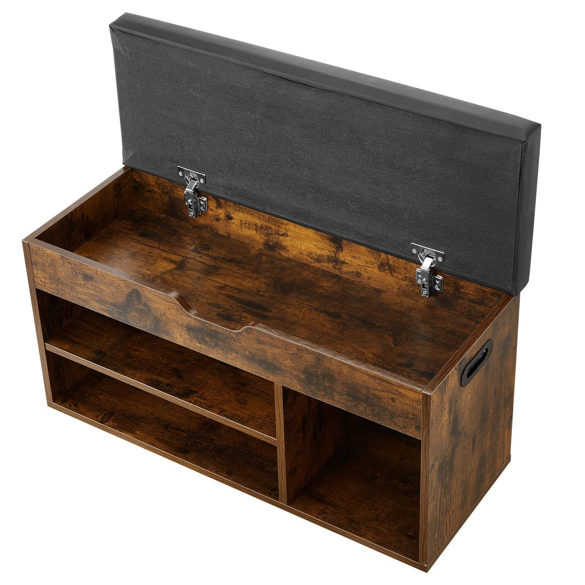 Entryway Shoe Bench, 31.7 x 12.0 x 17.5 Inch Shoe Storage Organizer with Lift Top Storage Space, 300lbs Bench with Cushion Seat and 3 Cabinets for Hallway, Living Room, Bedroom, Brown + Black