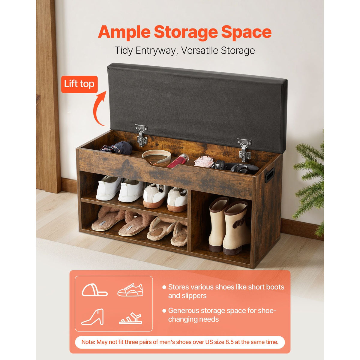 Entryway Shoe Bench, 31.7 x 12.0 x 17.5 Inch Shoe Storage Organizer with Lift Top Storage Space, 300lbs Bench with Cushion Seat and 3 Cabinets for Hallway, Living Room, Bedroom, Brown + Black