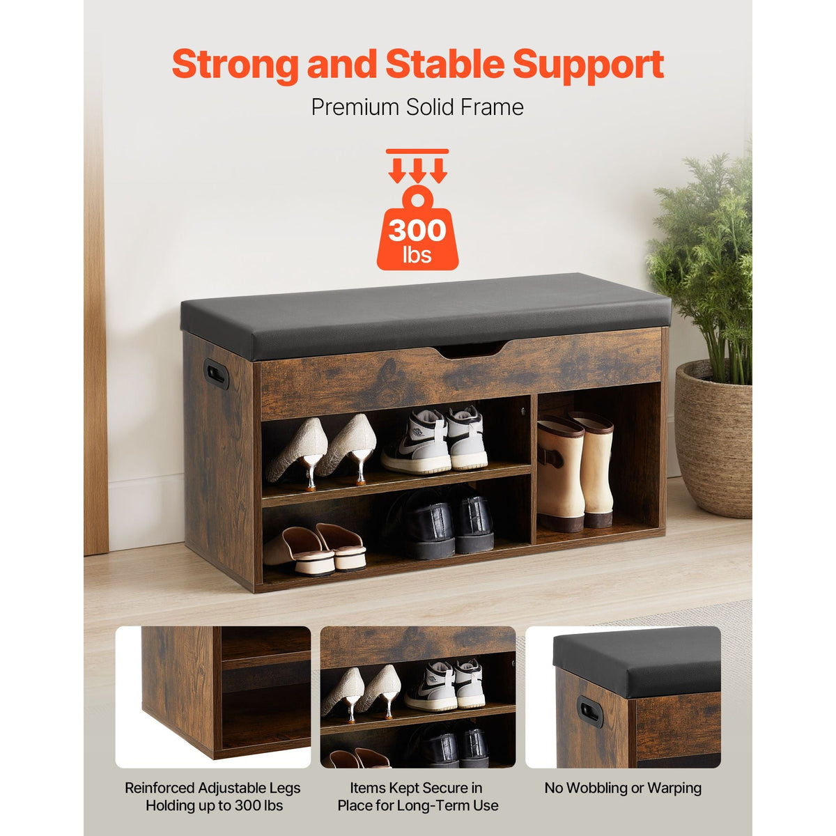 Entryway Shoe Bench, 31.7 x 12.0 x 17.5 Inch Shoe Storage Organizer with Lift Top Storage Space, 300lbs Bench with Cushion Seat and 3 Cabinets for Hallway, Living Room, Bedroom, Brown + Black