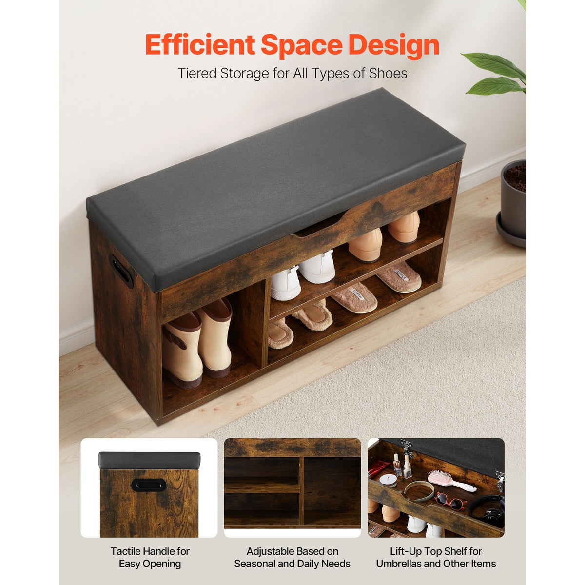 Entryway Shoe Bench, 31.7 x 12.0 x 17.5 Inch Shoe Storage Organizer with Lift Top Storage Space, 300lbs Bench with Cushion Seat and 3 Cabinets for Hallway, Living Room, Bedroom, Brown + Black