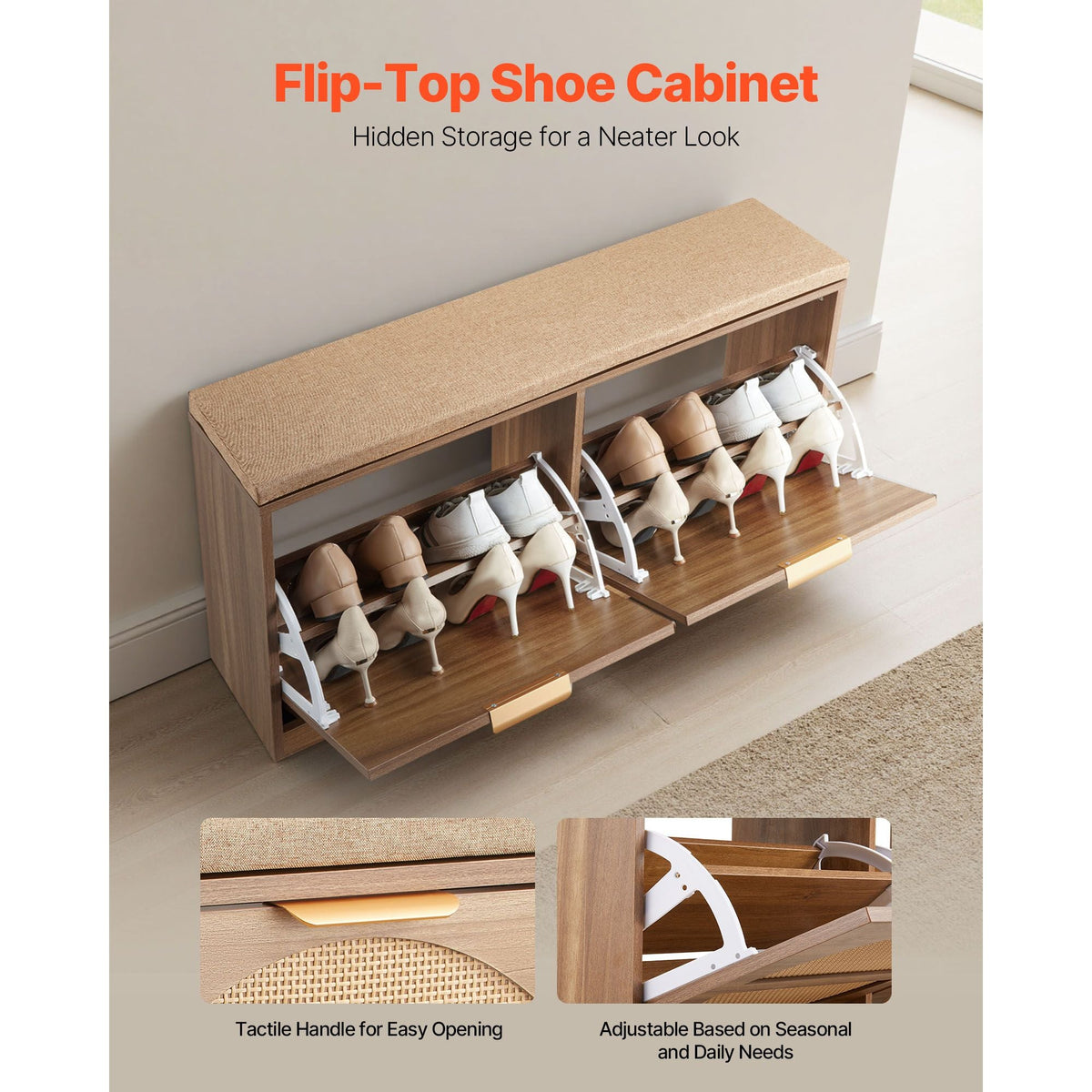 Entryway Shoe Bench, 38.9 x 9.4 x 19.7 Inch Rattan-Like Shoes Bench with Flip Drawers, 440lbs Shoe Storage Rack with Cushion, 4 Compartments and Rattan Doors, for Hallway, Living Room, Bedroom