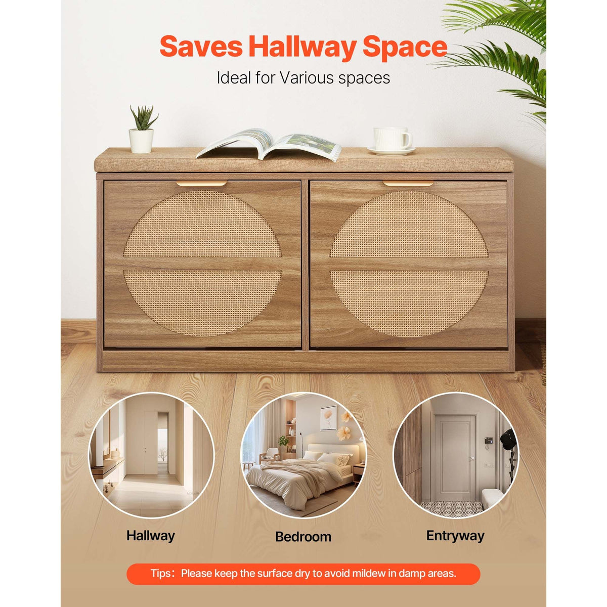 Entryway Shoe Bench, 38.9 x 9.4 x 19.7 Inch Rattan-Like Shoes Bench with Flip Drawers, 440lbs Shoe Storage Rack with Cushion, 4 Compartments and Rattan Doors, for Hallway, Living Room, Bedroom