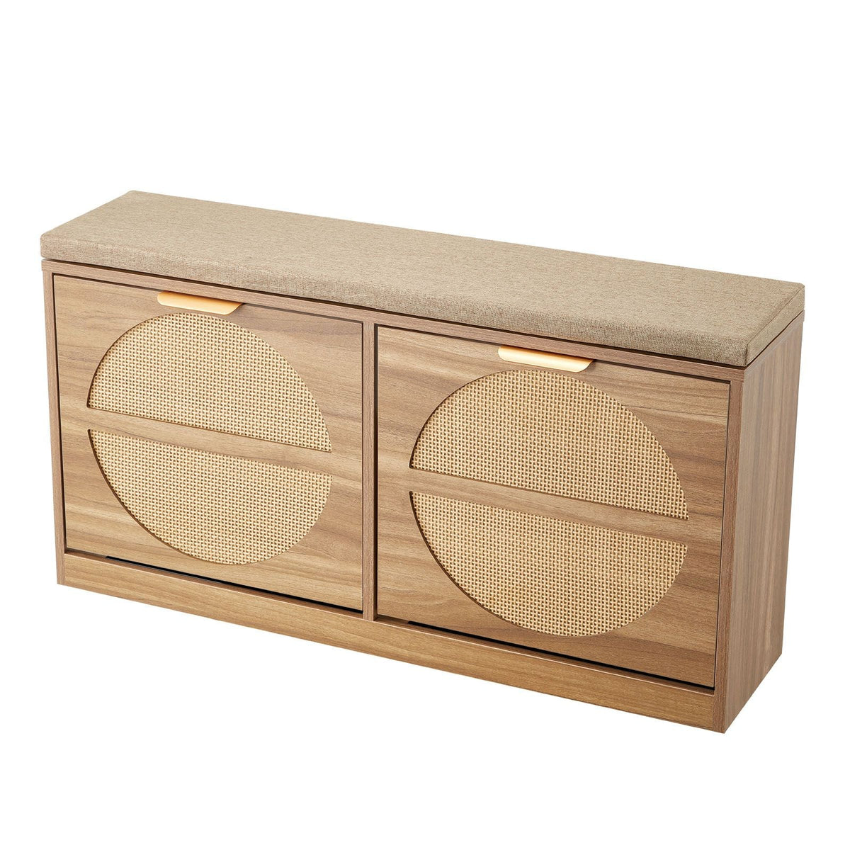Entryway Shoe Bench, 38.9 x 9.4 x 19.7 Inch Rattan-Like Shoes Bench with Flip Drawers, 440lbs Shoe Storage Rack with Cushion, 4 Compartments and Rattan Doors, for Hallway, Living Room, Bedroom
