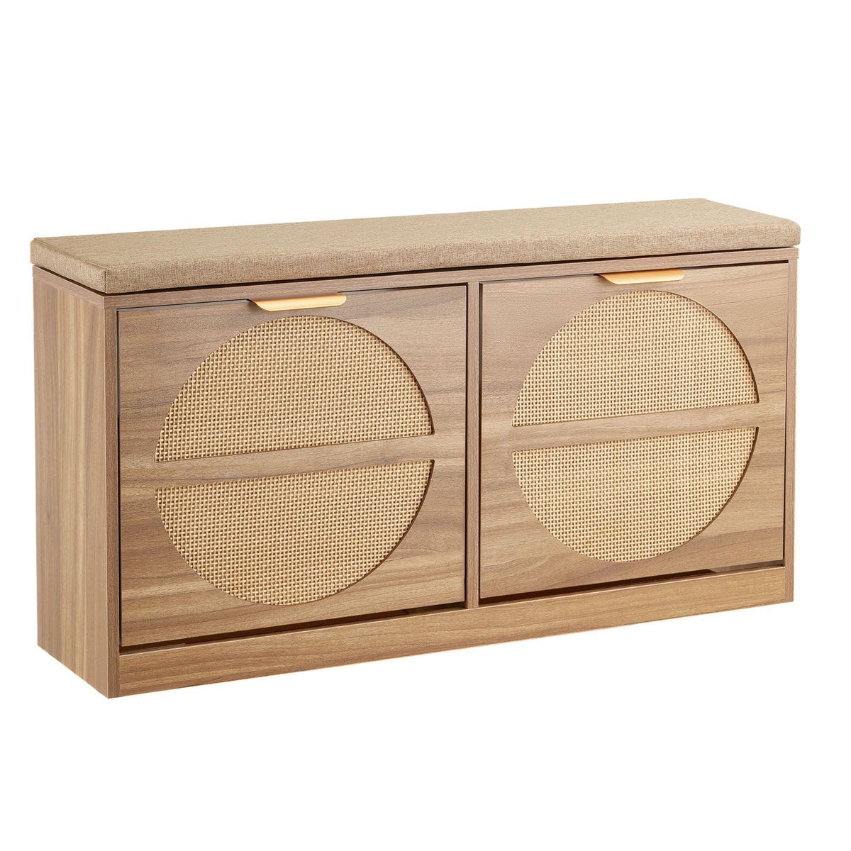 Entryway Shoe Bench, 38.9 x 9.4 x 19.7 Inch Rattan-Like Shoes Bench with Flip Drawers, 440lbs Shoe Storage Rack with Cushion, 4 Compartments and Rattan Doors, for Hallway, Living Room, Bedroom