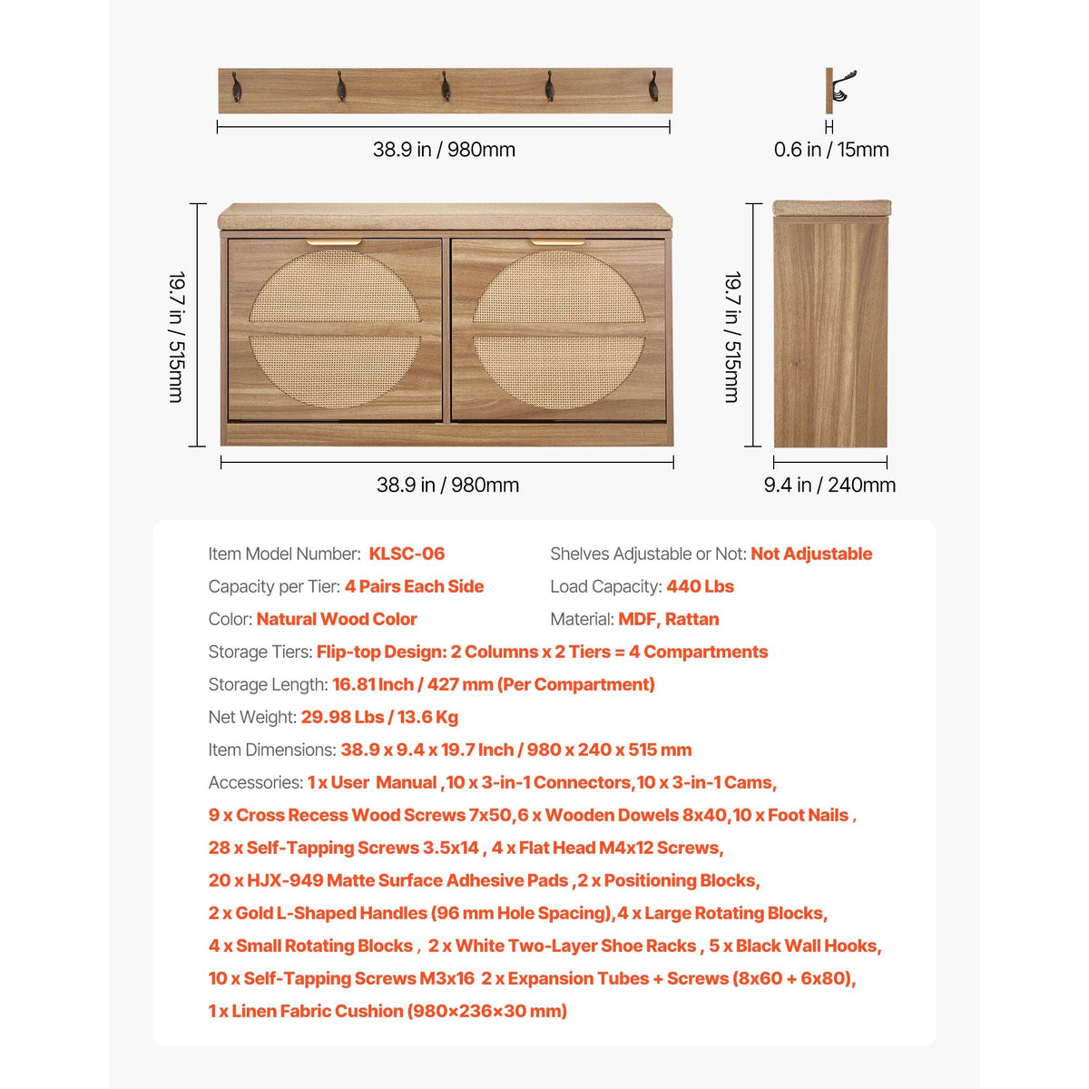 Entryway Shoe Bench, 38.9 x 9.4 x 19.7 Inch Rattan-Like Shoes Bench with Flip Drawers, 440lbs Shoe Storage Rack with Cushion, 4 Compartments and Rattan Doors, for Hallway, Living Room, Bedroom