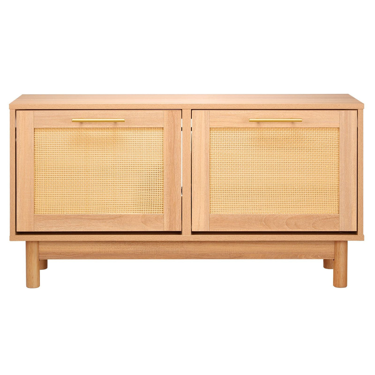 Entryway Shoe Bench, 39.4 x 11.8 x 20.9 Inch Rattan-Like Shoes Bench with 2 Flip Drawers, 300lbs Shoe Storage Rack with 4 Compartments and 2 Rattan Doors, for Hallway, Living Room, Bedroom
