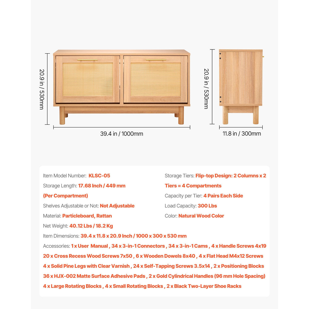 Entryway Shoe Bench, 39.4 x 11.8 x 20.9 Inch Rattan-Like Shoes Bench with 2 Flip Drawers, 300lbs Shoe Storage Rack with 4 Compartments and 2 Rattan Doors, for Hallway, Living Room, Bedroom
