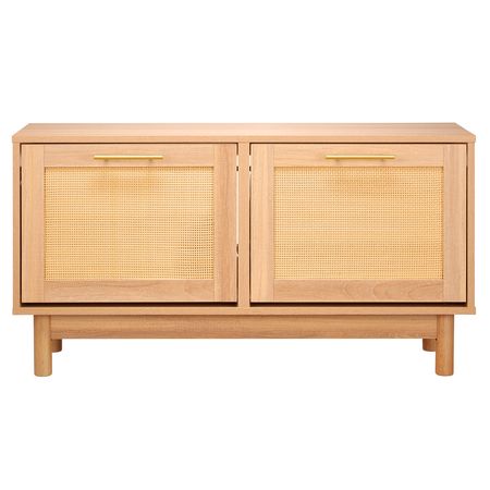 Entryway Shoe Bench, 39.4 x 11.8 x 20.9 Inch Rattan-Like Shoes Bench with 2 Flip Drawers, 300lbs Shoe Storage Rack with 4 Compartments and 2 Rattan Doors, for Hallway, Living Room, Bedroom
