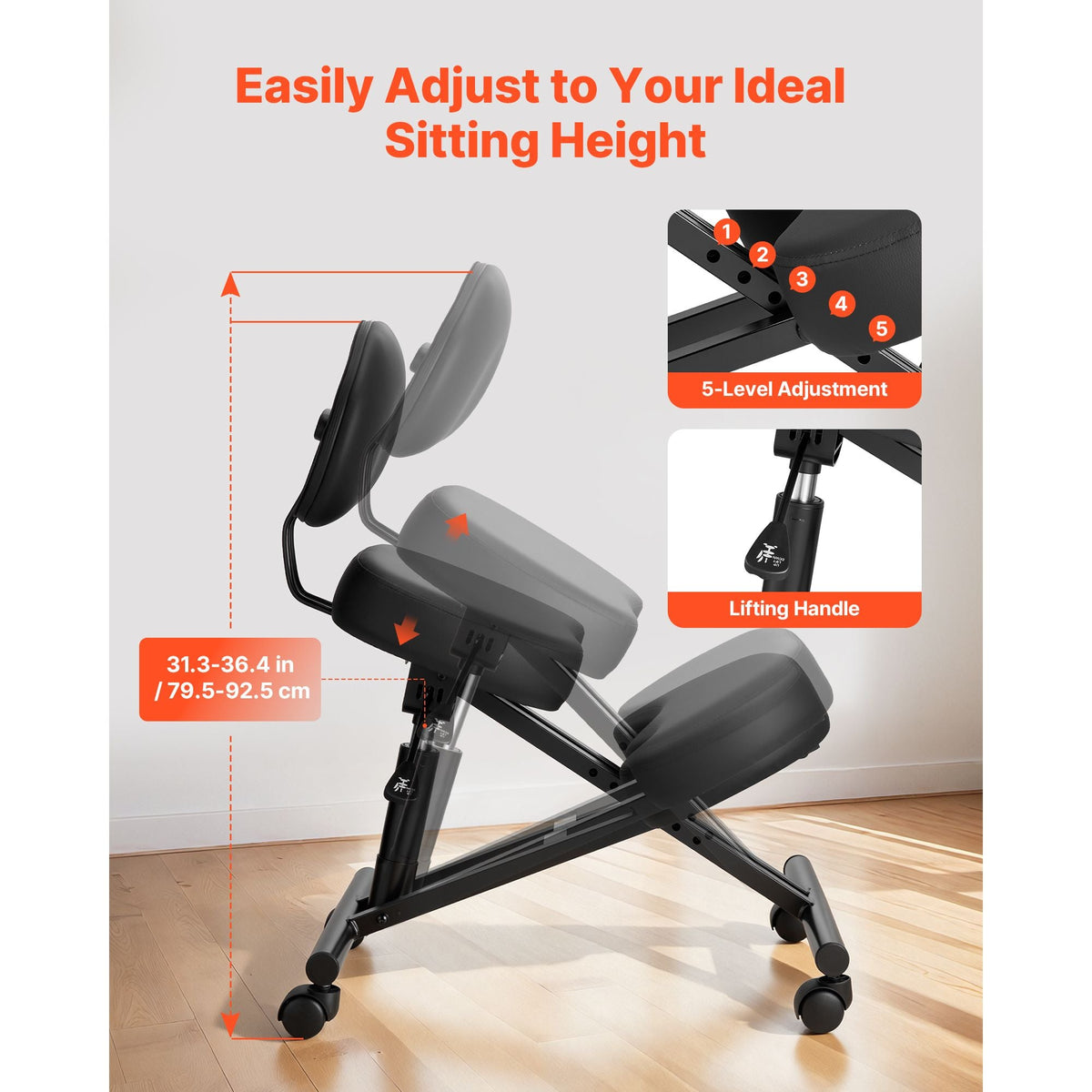 Ergonomic Kneeling Chair with Backrest & Wheels, Mobile X-Shaped Posture Knee Chair with Adjustable Height & Thick Foam Cushions, Relief for Neck or Back Pain for Home, Office, Meditation, Black