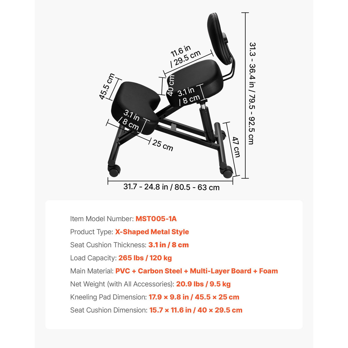 Ergonomic Kneeling Chair with Backrest & Wheels, Mobile X-Shaped Posture Knee Chair with Adjustable Height & Thick Foam Cushions, Relief for Neck or Back Pain for Home, Office, Meditation, Black