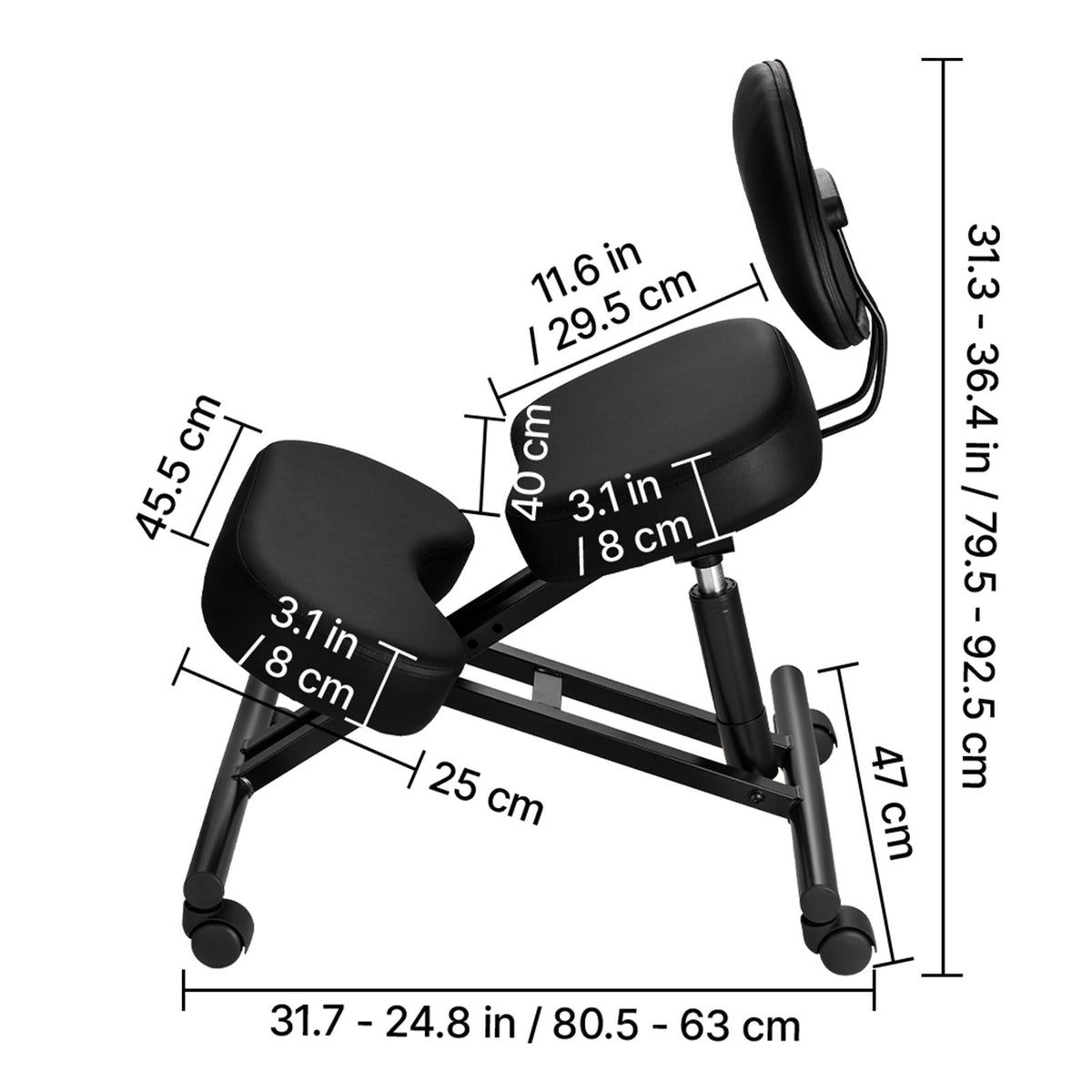 Ergonomic Kneeling Chair with Backrest & Wheels, Mobile X-Shaped Posture Knee Chair with Adjustable Height & Thick Foam Cushions, Relief for Neck or Back Pain for Home, Office, Meditation, Black