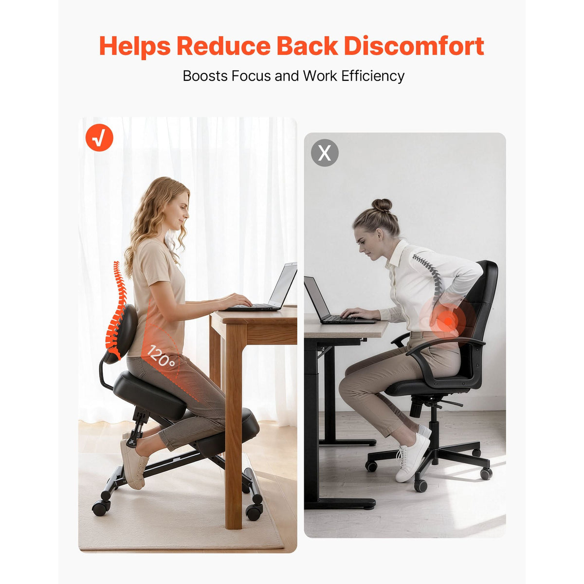 Ergonomic Kneeling Chair with Backrest & Wheels, Mobile X-Shaped Posture Knee Chair with Adjustable Height & Thick Foam Cushions, Relief for Neck or Back Pain for Home, Office, Meditation, Black