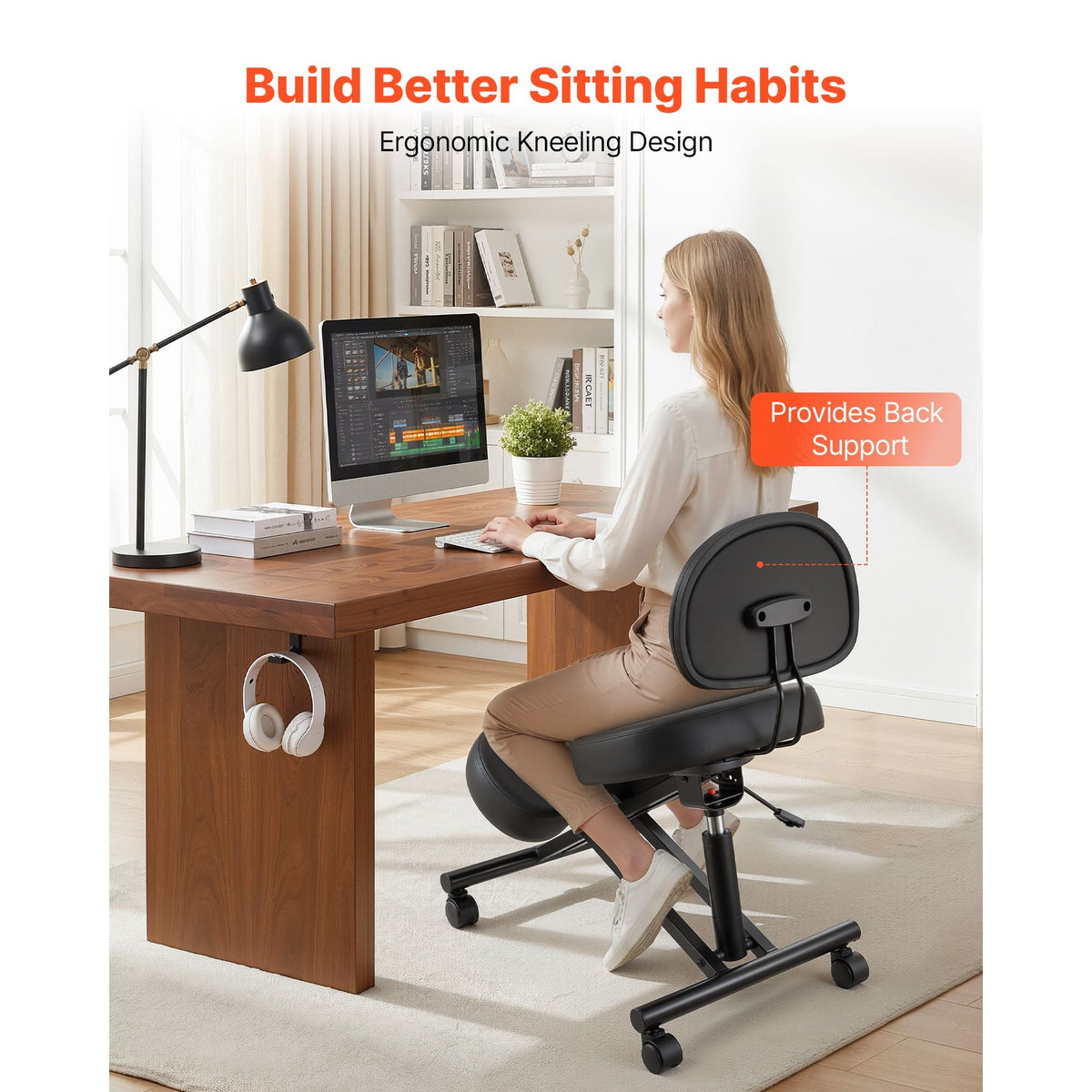 Ergonomic Kneeling Chair with Backrest & Wheels, Mobile X-Shaped Posture Knee Chair with Adjustable Height & Thick Foam Cushions, Relief for Neck or Back Pain for Home, Office, Meditation, Black