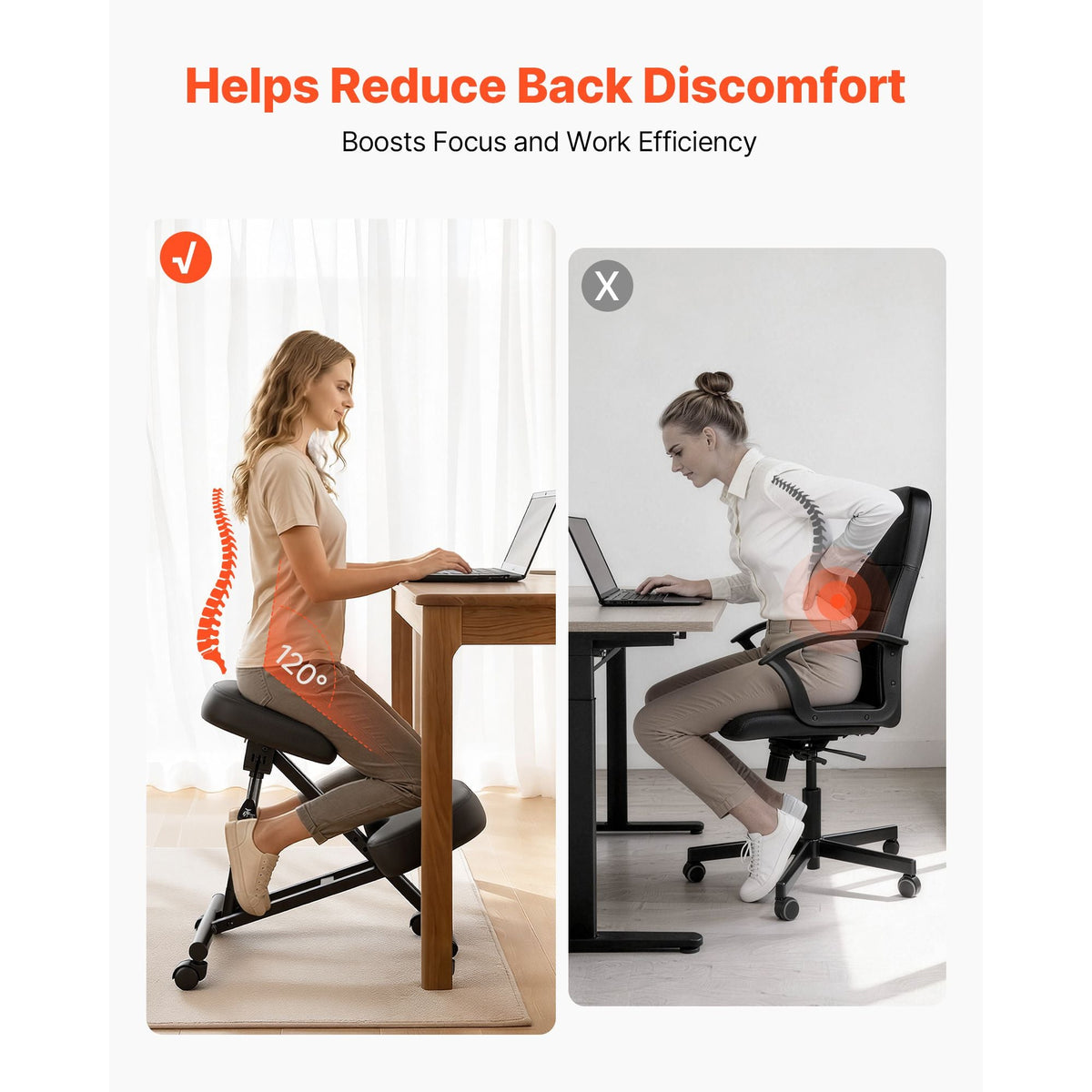 Ergonomic Kneeling Chair with Wheels, Mobile X-Shaped Posture Knee Chair with Adjustable Height & Thick Foam Cushions, Natural Relief for Neck or Back Pain for Home, Office or Meditation, Black
