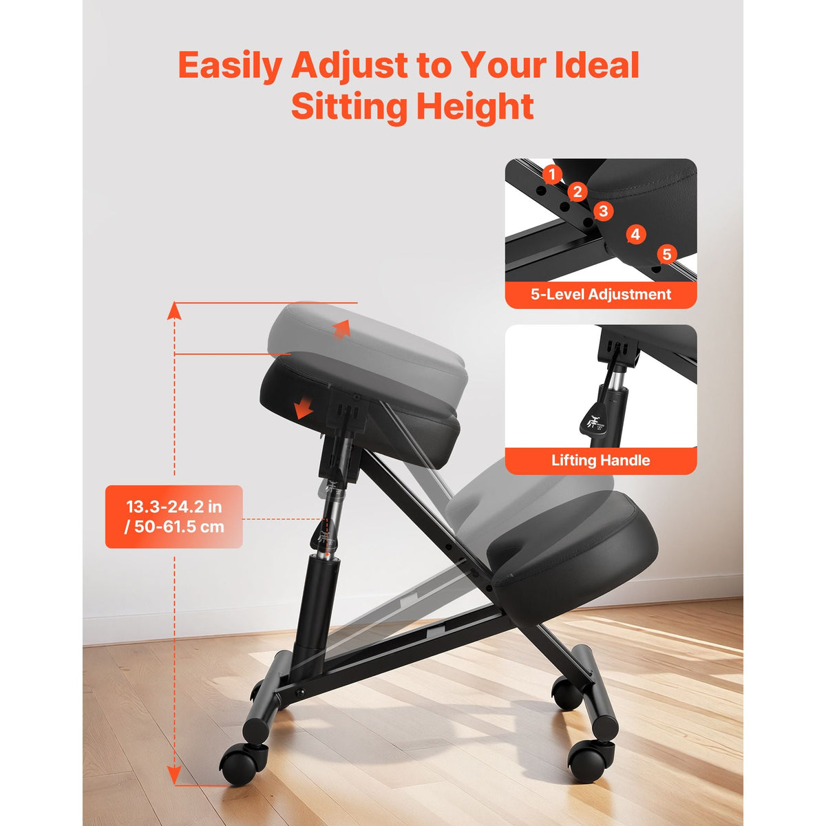 Ergonomic Kneeling Chair with Wheels, Mobile X-Shaped Posture Knee Chair with Adjustable Height & Thick Foam Cushions, Natural Relief for Neck or Back Pain for Home, Office or Meditation, Black