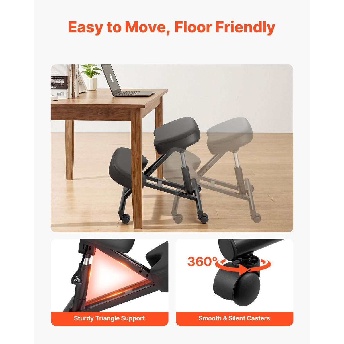 Ergonomic Kneeling Chair with Wheels, Mobile X-Shaped Posture Knee Chair with Adjustable Height & Thick Foam Cushions, Natural Relief for Neck or Back Pain for Home, Office or Meditation, Black