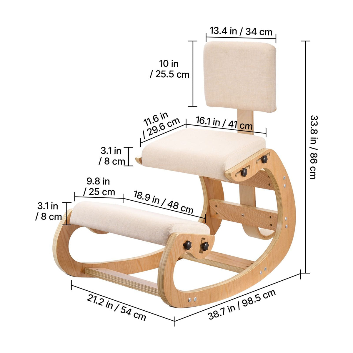 Ergonomic Kneeling Chair, Wooden Posture Knee Chair with Adjustable Thick Foam Cushions, Backrest and Wood Frame, Adjustable Height, Relief for Neck or Back Pain for Home, Office or Meditation