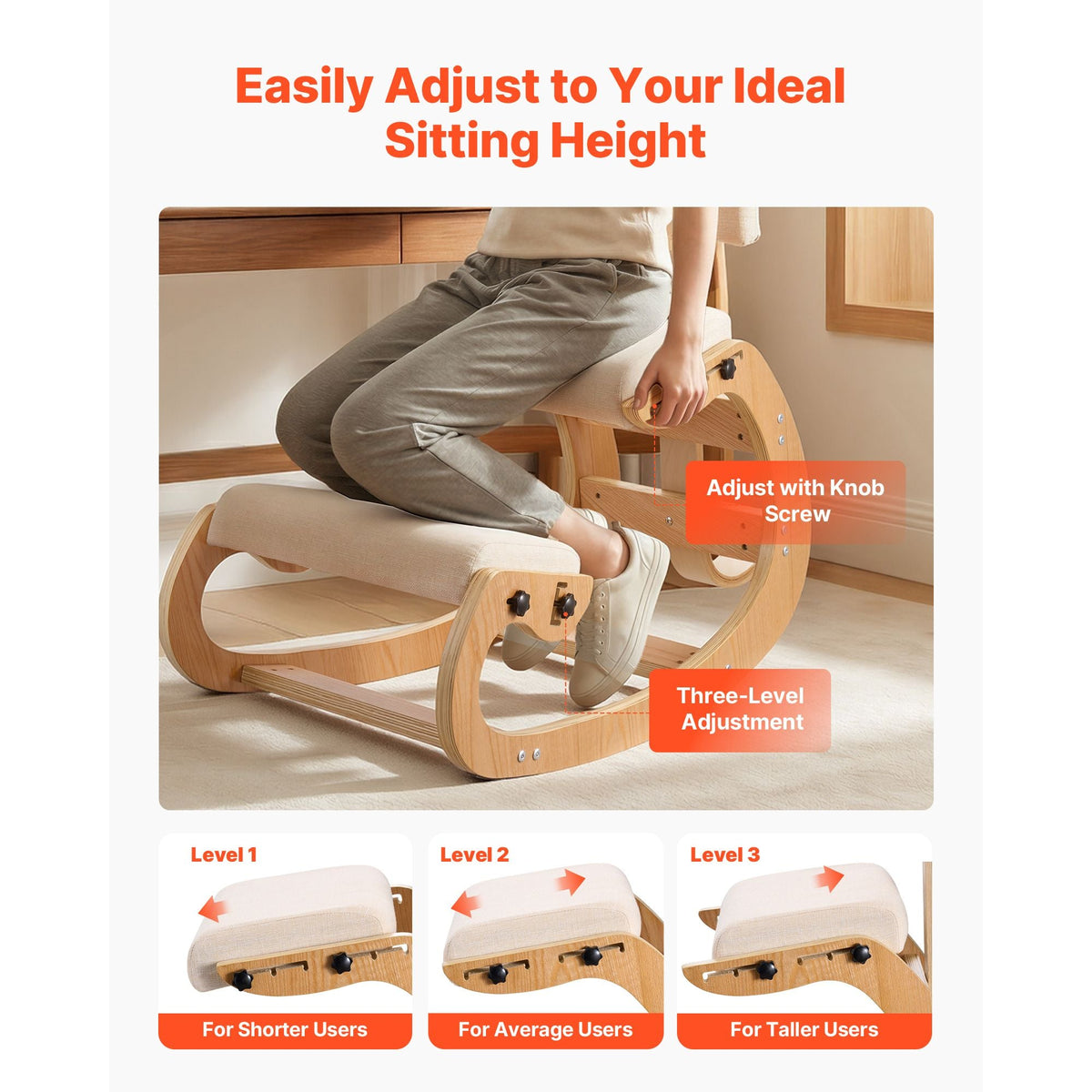Ergonomic Kneeling Chair, Wooden Posture Knee Chair with Adjustable Thick Foam Cushions, Backrest and Wood Frame, Adjustable Height, Relief for Neck or Back Pain for Home, Office or Meditation