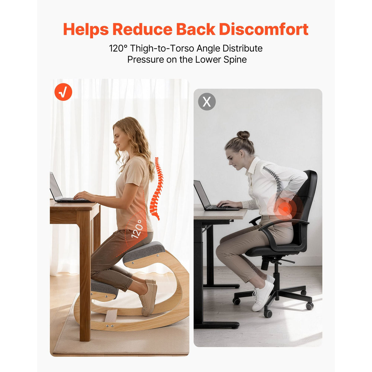 Ergonomic Kneeling Chair, Wooden Posture Knee Chair with Thick Foam Cushions and Solid Wood Frame, Adjustable Height, Natural Relief for Neck or Back Pain for Home, Office or Meditation, Gray