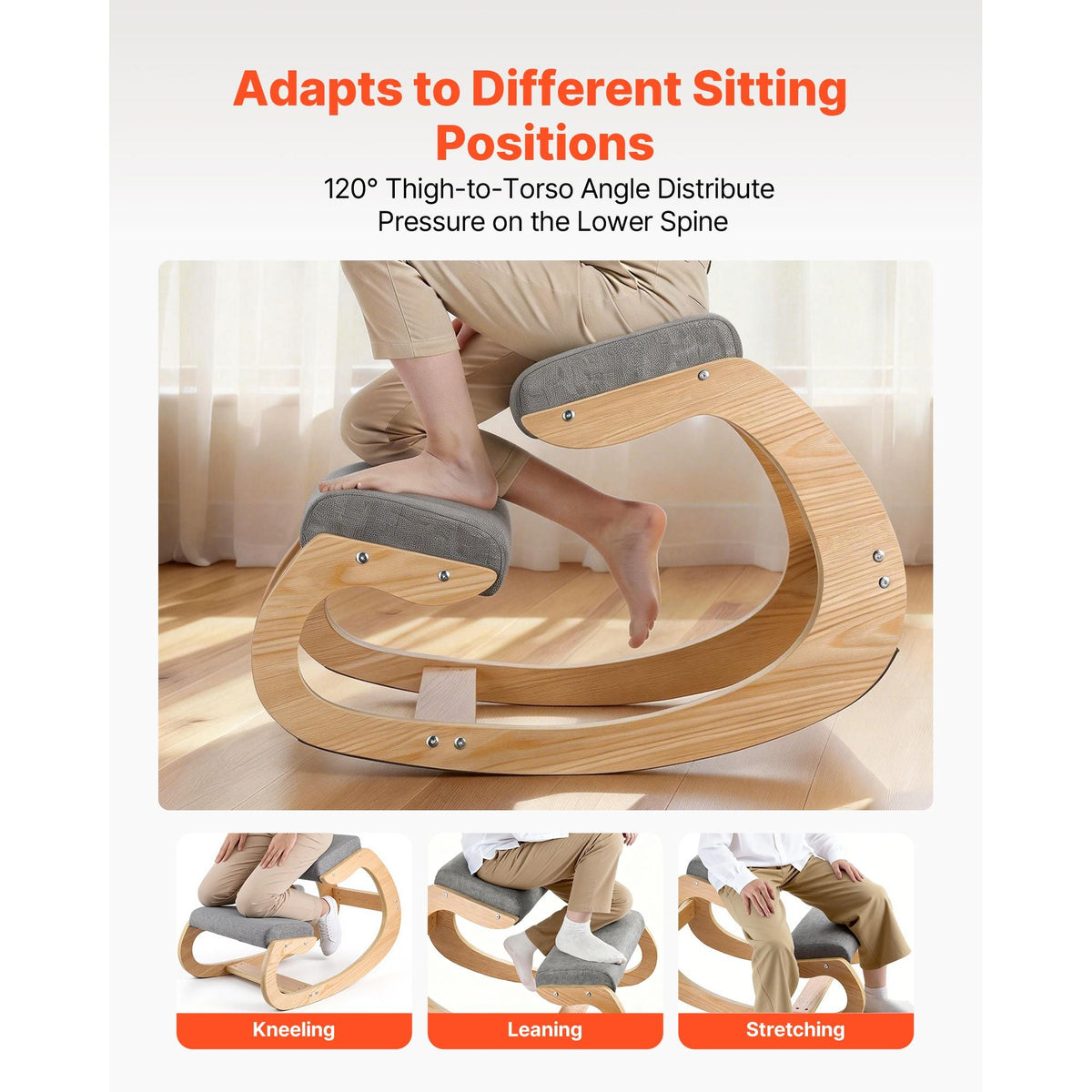 Ergonomic Kneeling Chair, Wooden Posture Knee Chair with Thick Foam Cushions and Solid Wood Frame, Adjustable Height, Natural Relief for Neck or Back Pain for Home, Office or Meditation, Gray