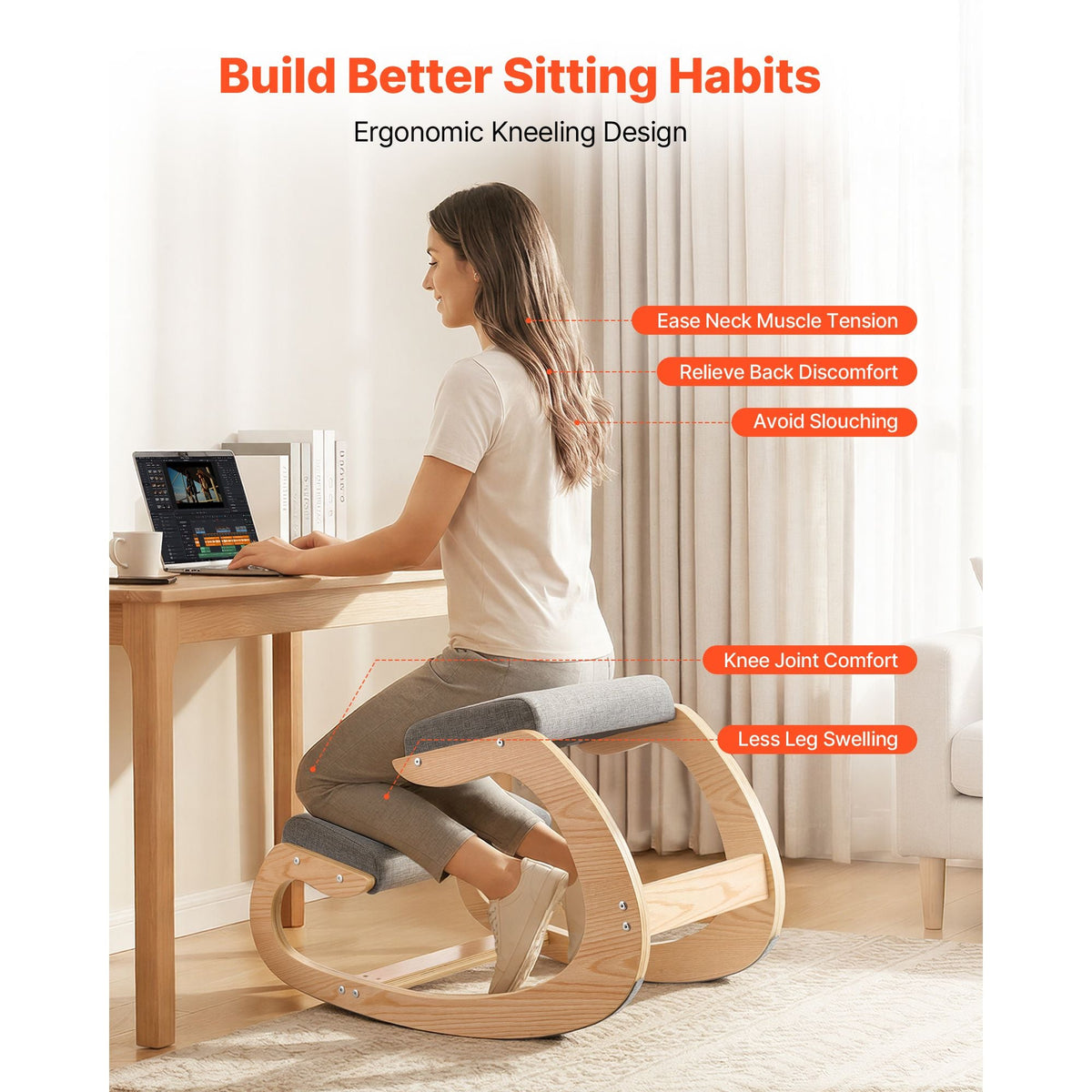 Ergonomic Kneeling Chair, Wooden Posture Knee Chair with Thick Foam Cushions and Solid Wood Frame, Adjustable Height, Natural Relief for Neck or Back Pain for Home, Office or Meditation, Gray