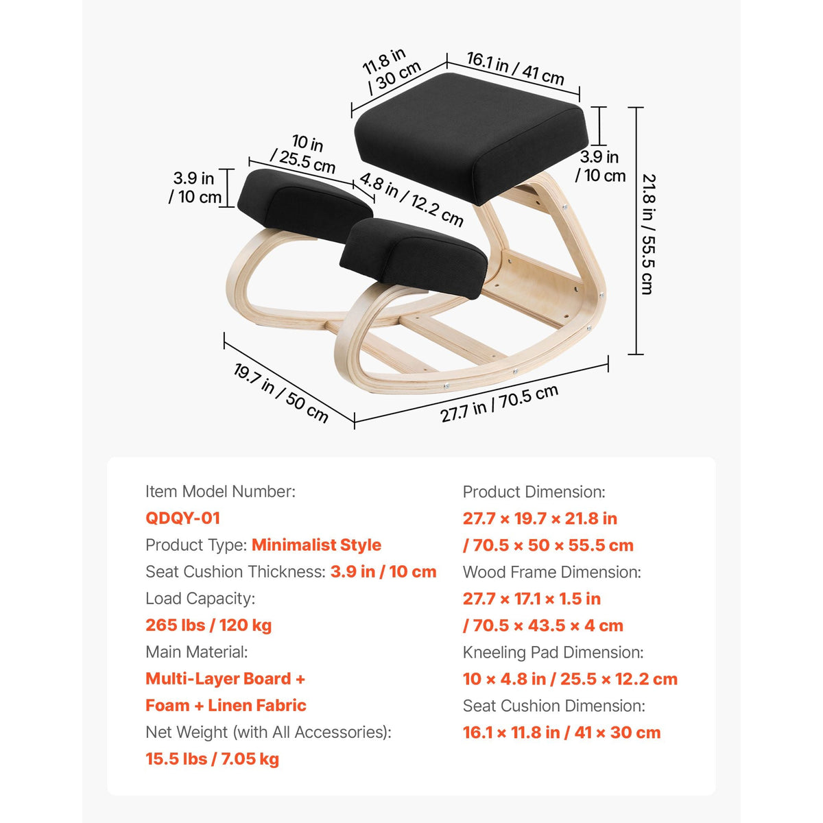 Ergonomic Kneeling Chair, Wooden Posture Knee Chair with Thick Foam Cushions and Solid Wood Frame, Adjustable Height, Natural Relief for Neck or Back Pain, Ideal for Home, Office or Meditation