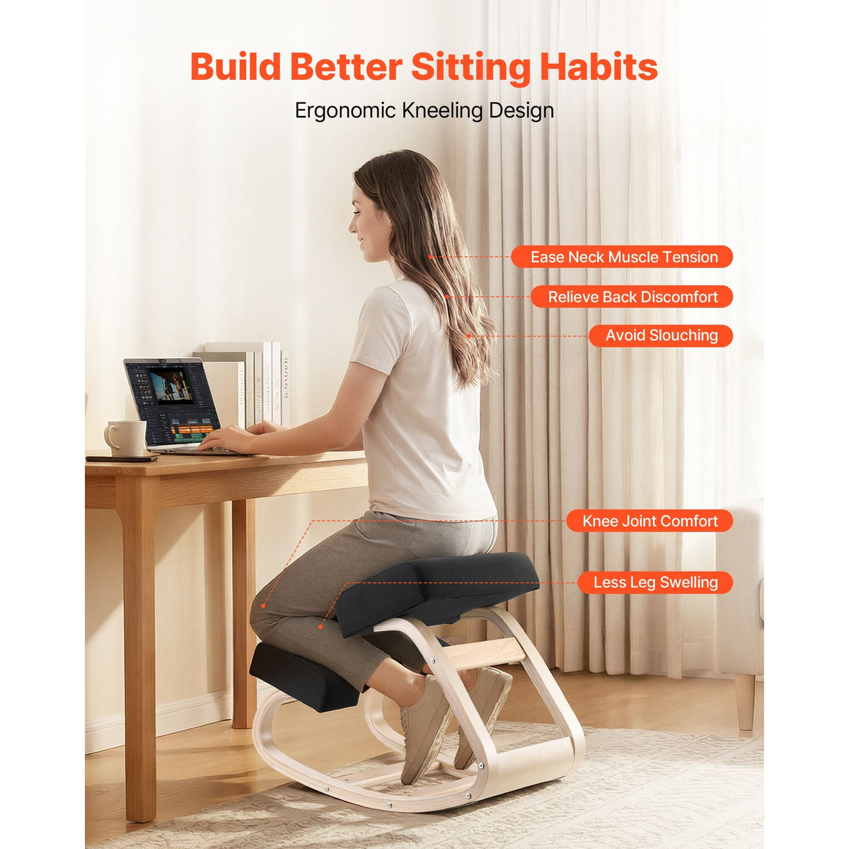 Ergonomic Kneeling Chair, Wooden Posture Knee Chair with Thick Foam Cushions and Solid Wood Frame, Adjustable Height, Natural Relief for Neck or Back Pain, Ideal for Home, Office or Meditation