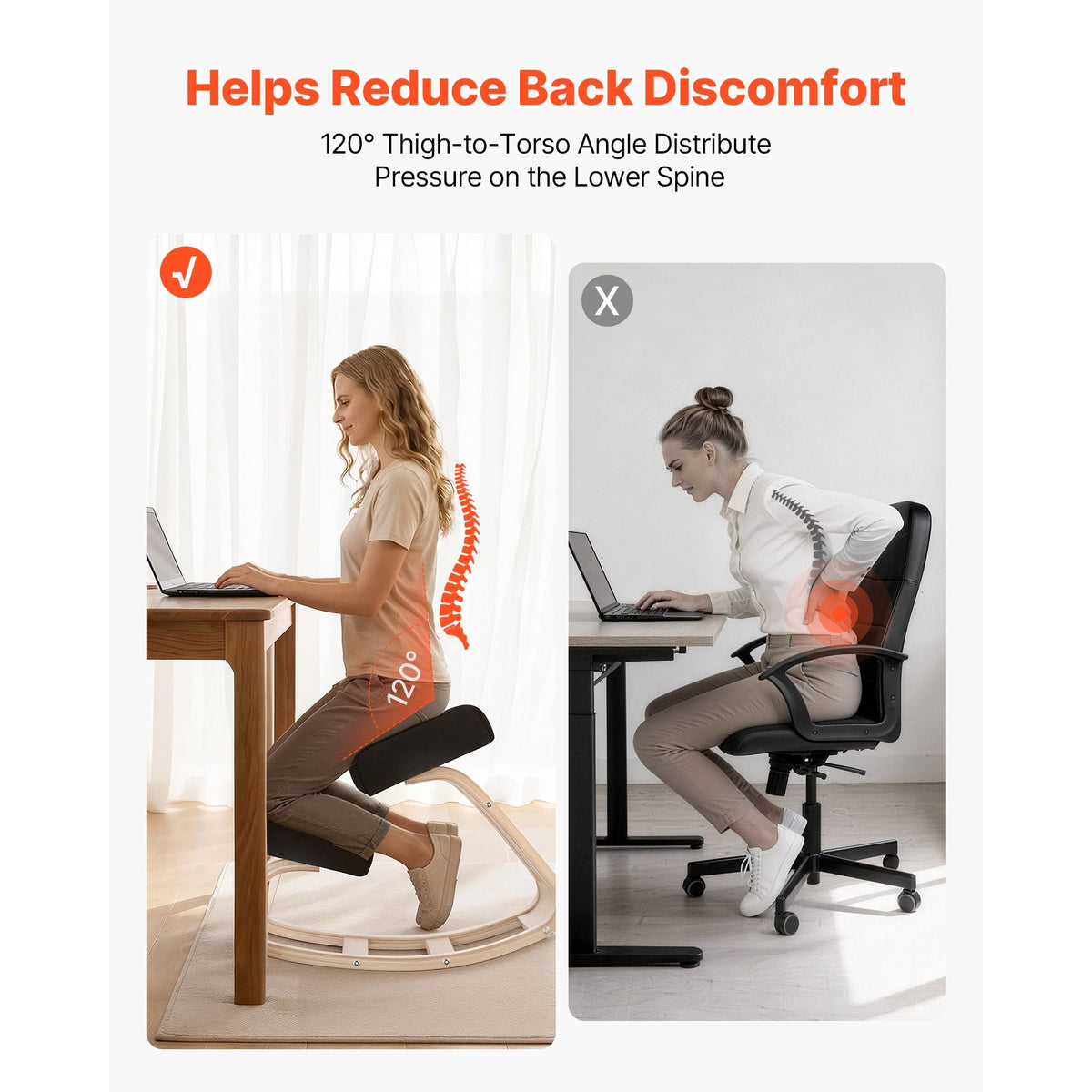 Ergonomic Kneeling Chair, Wooden Posture Knee Chair with Thick Foam Cushions and Solid Wood Frame, Adjustable Height, Natural Relief for Neck or Back Pain, Ideal for Home, Office or Meditation