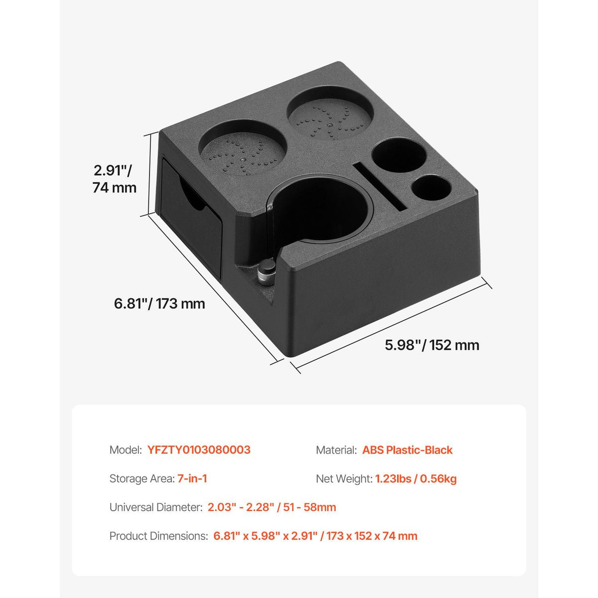 Espresso Tamping Station, ABS Material, 7-in-1 Multifunctional Tamping Station with Detachable Slot, Easy to Clean Espresso Knock Box with Non-Slip Base, Fits for 51-58 mm Handles