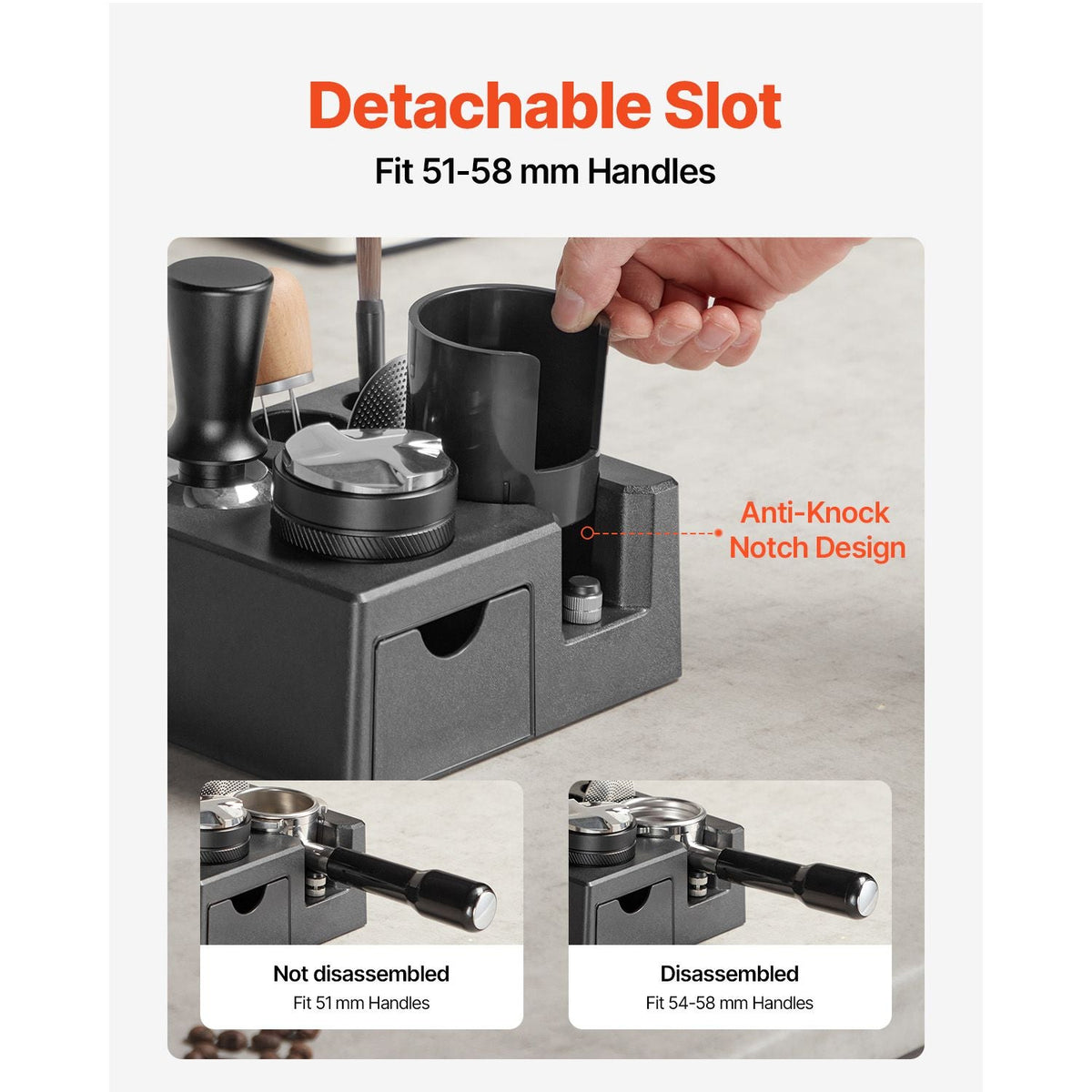 Espresso Tamping Station, ABS Material, 7-in-1 Multifunctional Tamping Station with Detachable Slot, Easy to Clean Espresso Knock Box with Non-Slip Base, Fits for 51-58 mm Handles