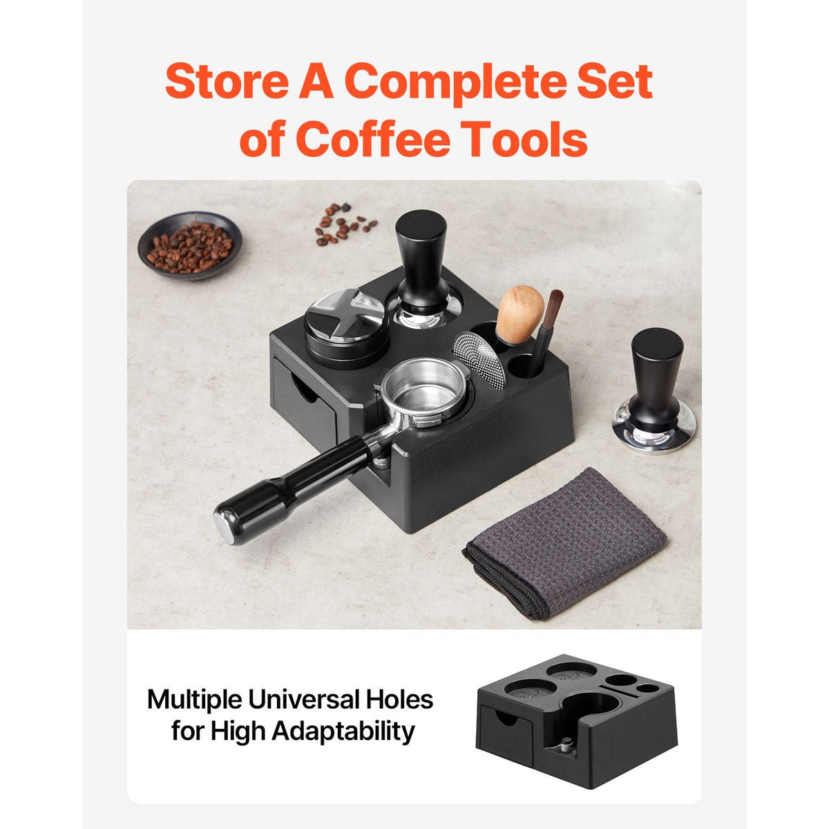 Espresso Tamping Station, ABS Material, 7-in-1 Multifunctional Tamping Station with Detachable Slot, Easy to Clean Espresso Knock Box with Non-Slip Base, Fits for 51-58 mm Handles