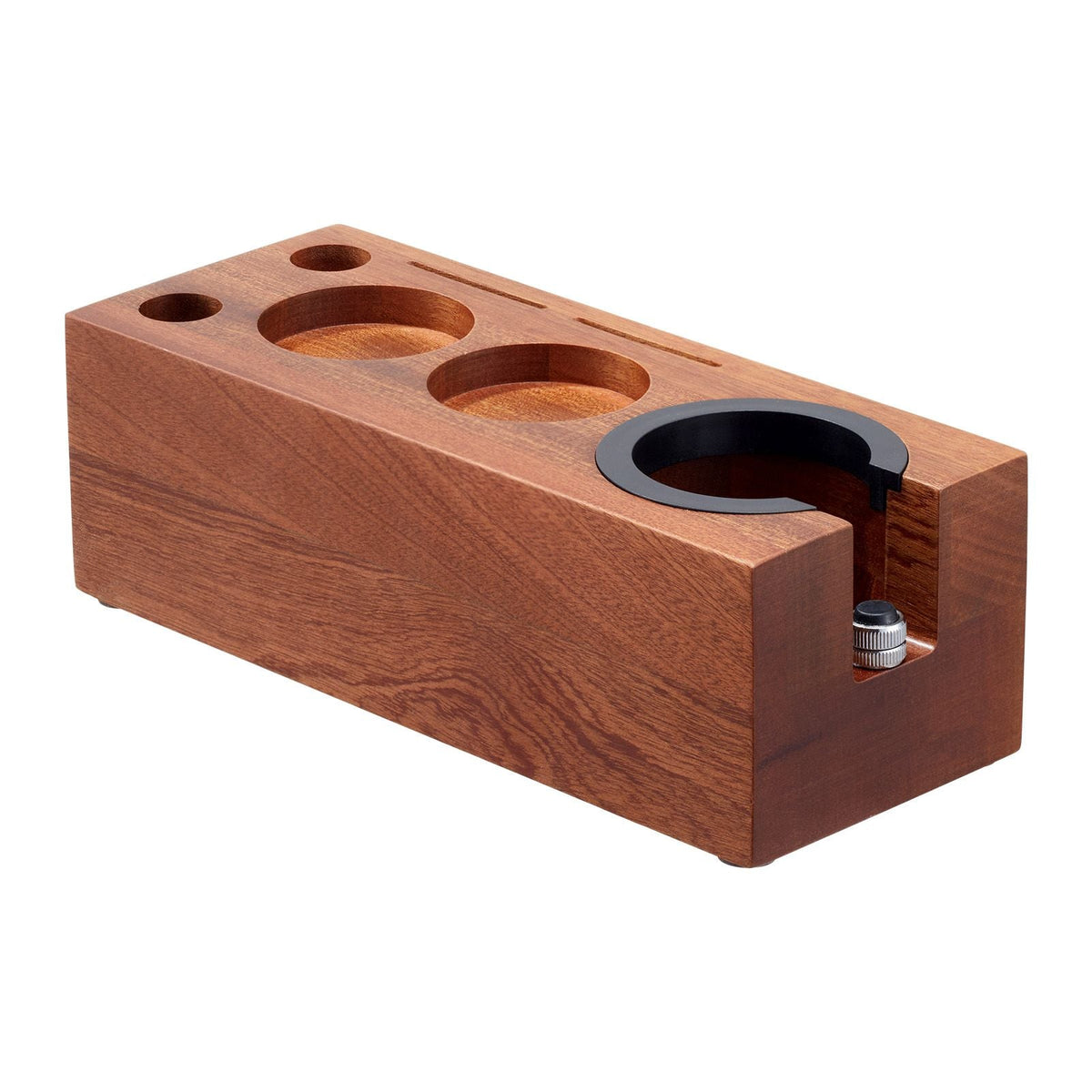 Espresso Tamping Station, Sapele Wood, 8-in-1 Multifunctional Tamping Station with Detachable Slot, Easy to Clean Espresso Knock Box with Non-Slip Base, Fits for 51-58 mm Handles