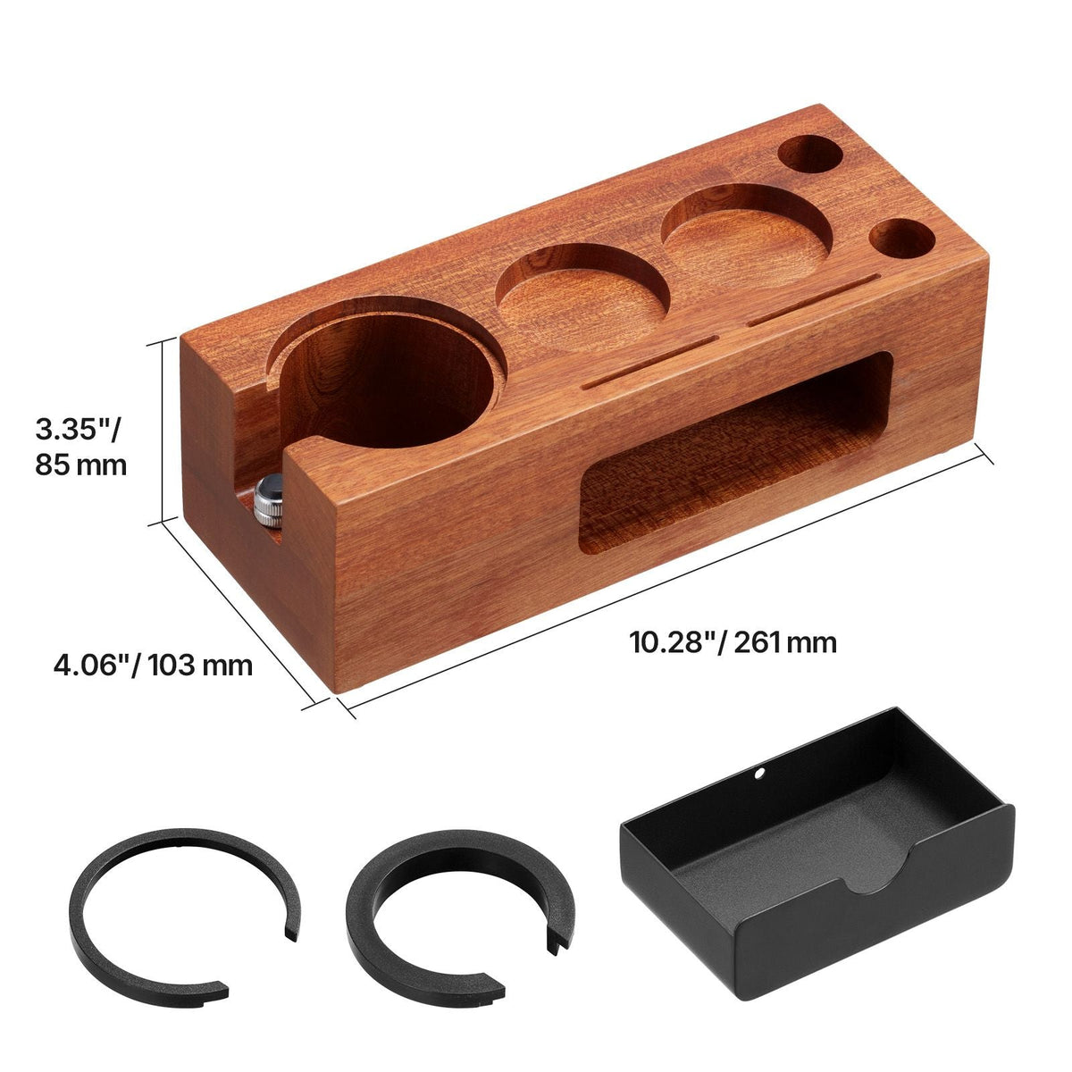 Espresso Tamping Station, Sapele Wood, 8-in-1 Multifunctional Tamping Station with Detachable Slot, Easy to Clean Espresso Knock Box with Non-Slip Base, Fits for 51-58 mm Handles