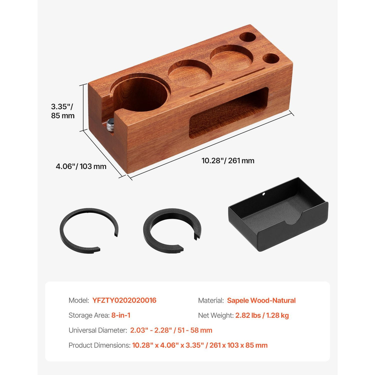 Espresso Tamping Station, Sapele Wood, 8-in-1 Multifunctional Tamping Station with Detachable Slot, Easy to Clean Espresso Knock Box with Non-Slip Base, Fits for 51-58 mm Handles