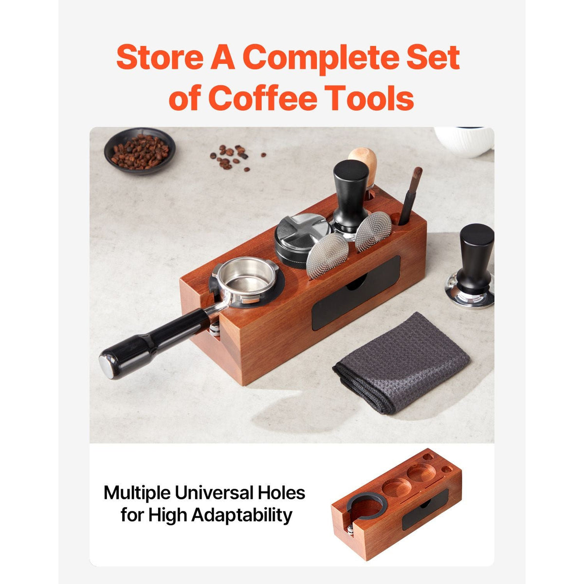 Espresso Tamping Station, Sapele Wood, 8-in-1 Multifunctional Tamping Station with Detachable Slot, Easy to Clean Espresso Knock Box with Non-Slip Base, Fits for 51-58 mm Handles