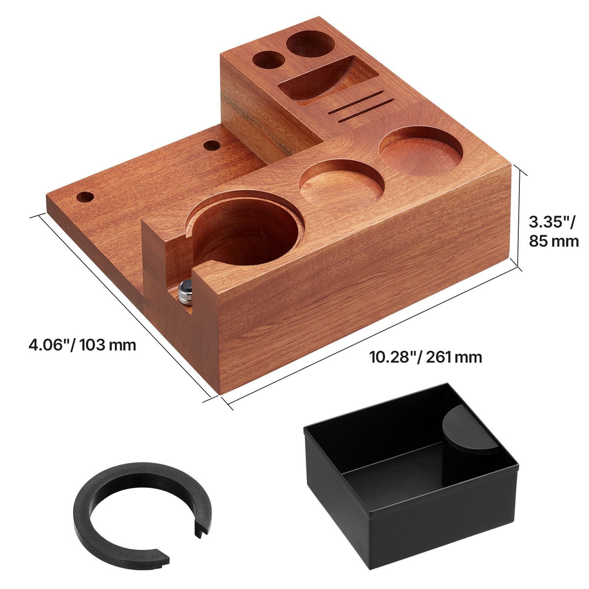 Espresso Tamping Station, Sapele Wood, 9-in-1 Multifunctional Tamping Station with Detachable Slot, Easy to Clean Espresso Knock Box with Non-Slip Base, Fits for 51-58 mm Handles