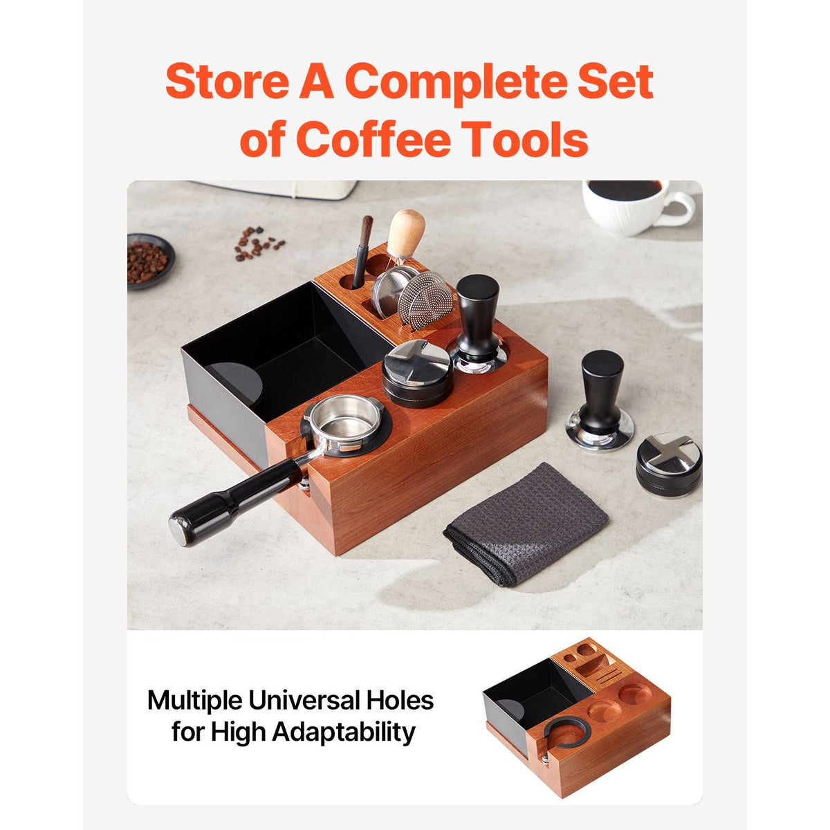 Espresso Tamping Station, Sapele Wood, 9-in-1 Multifunctional Tamping Station with Detachable Slot, Easy to Clean Espresso Knock Box with Non-Slip Base, Fits for 51-58 mm Handles