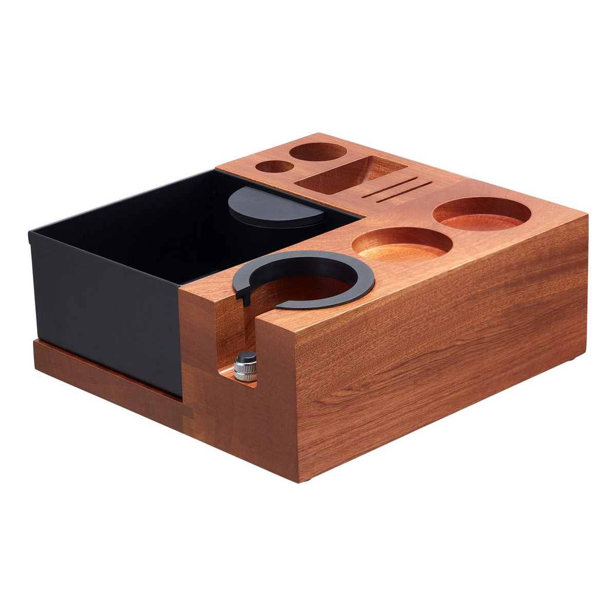 Espresso Tamping Station, Sapele Wood, 9-in-1 Multifunctional Tamping Station with Detachable Slot, Easy to Clean Espresso Knock Box with Non-Slip Base, Fits for 51-58 mm Handles
