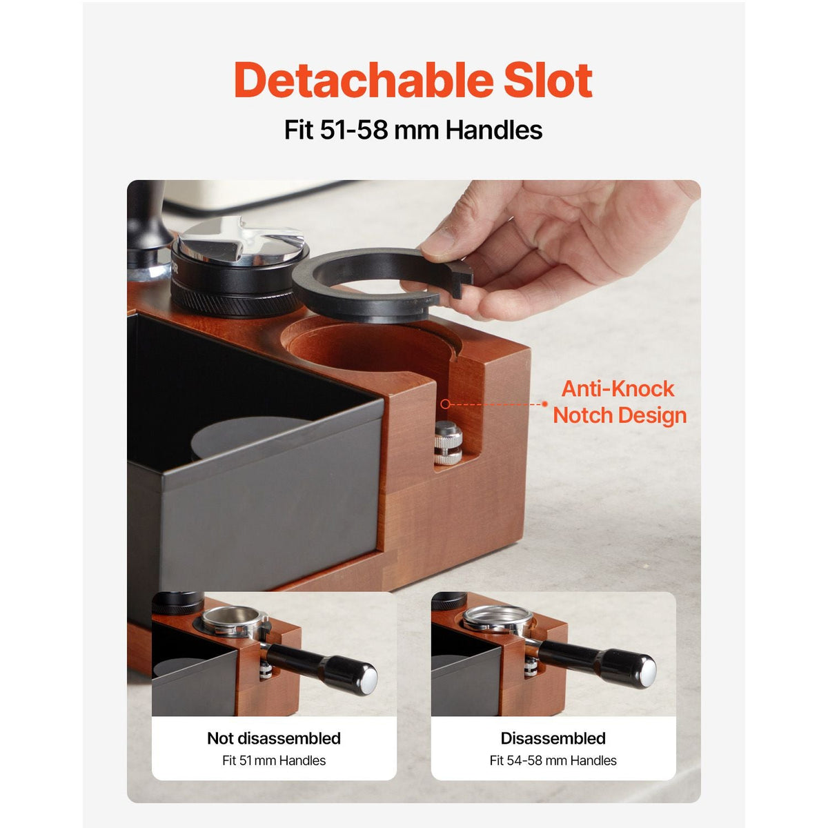 Espresso Tamping Station, Sapele Wood, 9-in-1 Multifunctional Tamping Station with Detachable Slot, Easy to Clean Espresso Knock Box with Non-Slip Base, Fits for 51-58 mm Handles